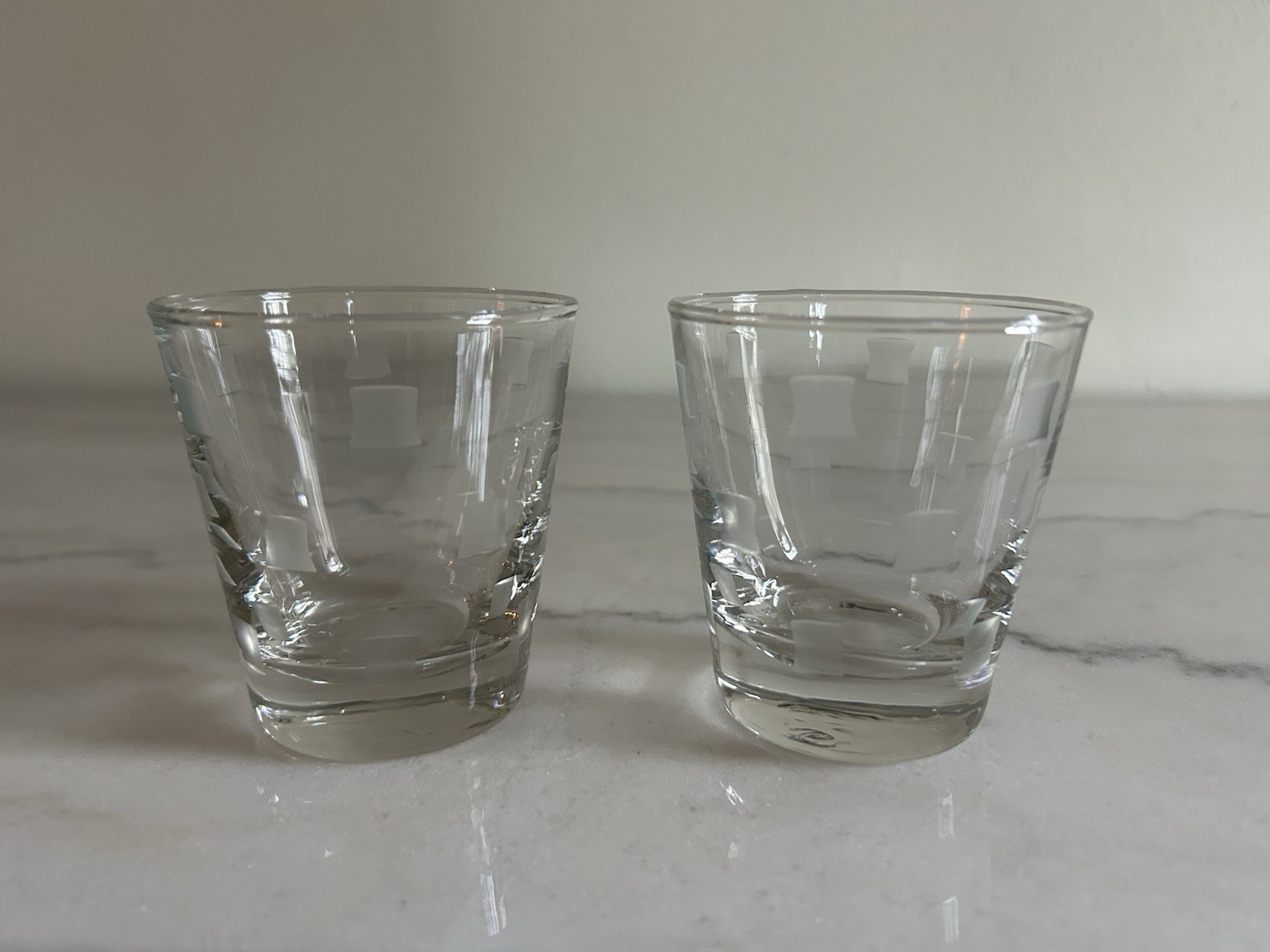 Nice! Set Of 2 Vintage Libbey Windsor Etched Square Cubist Lowball 6 Oz Glass 3”