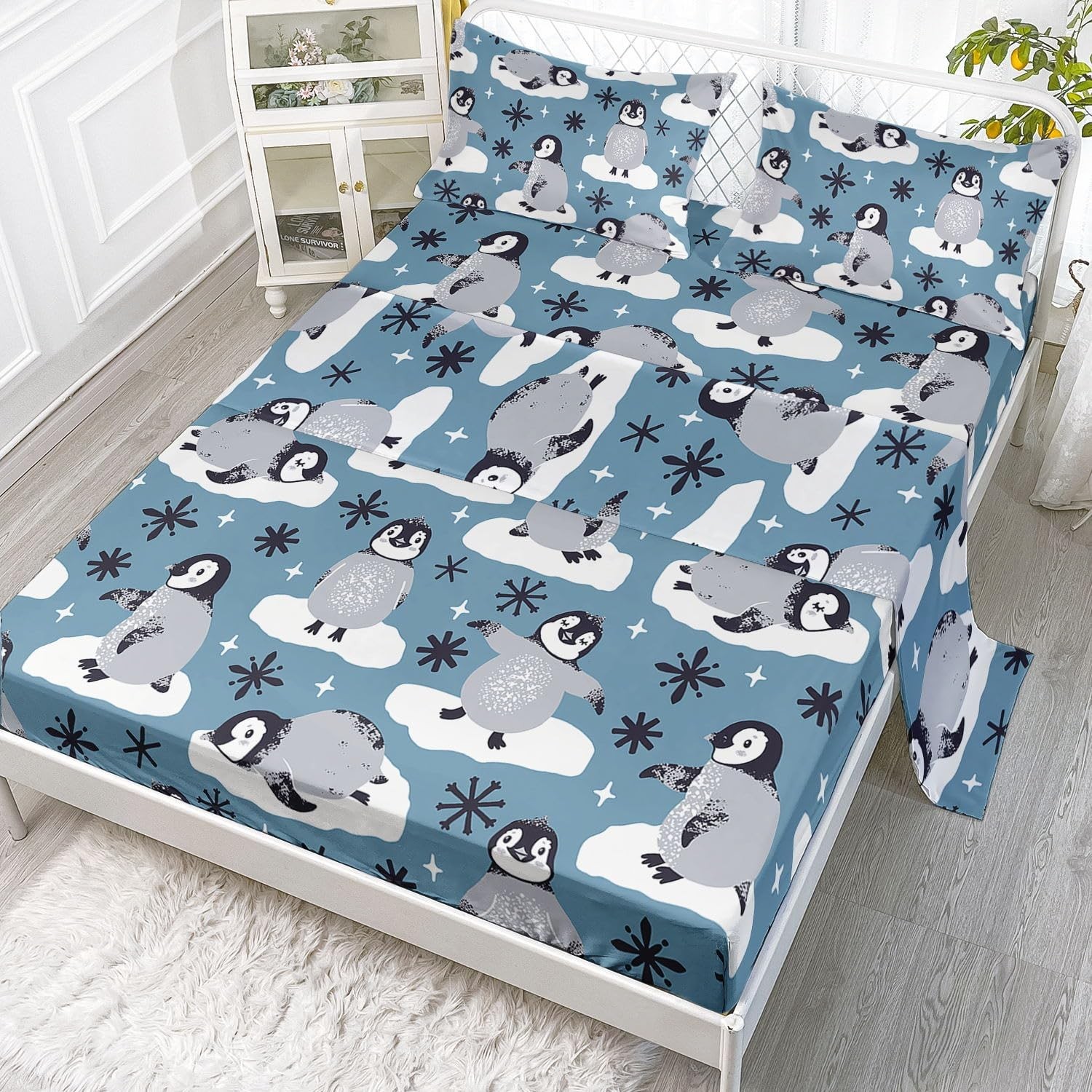 Cute Penguin Sheets Set 4Pcs for Kids - 1 Flat Sheet, 1 Fitted Sheet, 2 Pillo...