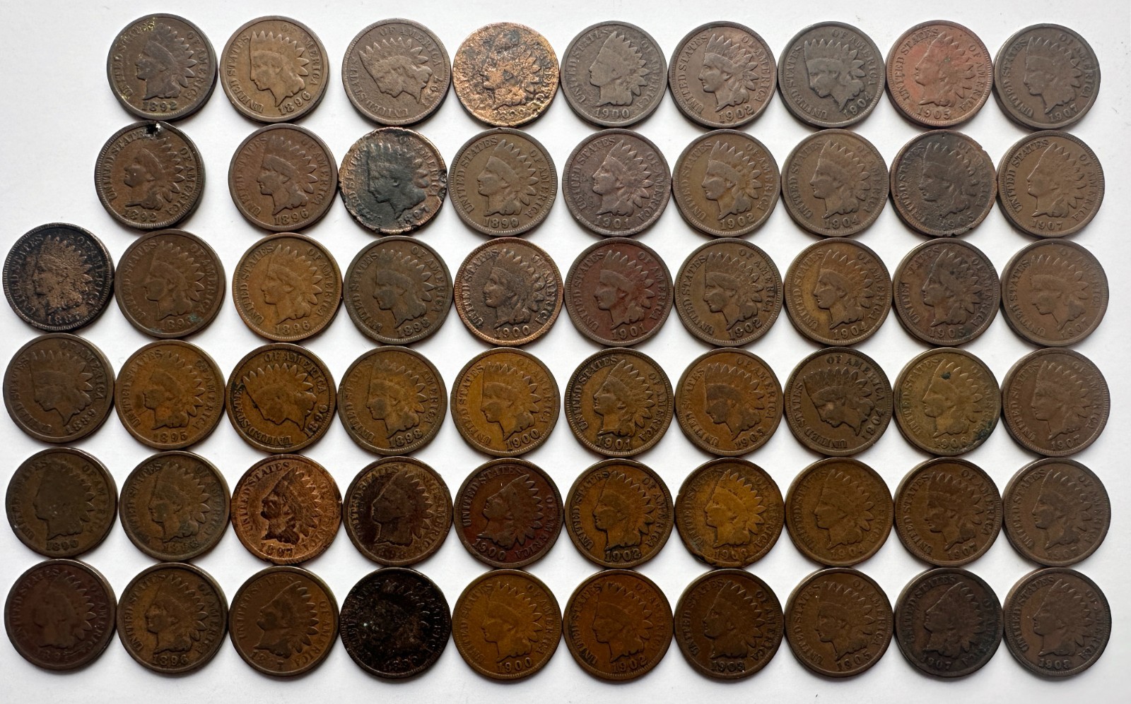 Indian Head Cents IHC 1887-1908 Lot of 58 Estate Tube All Coins Shown