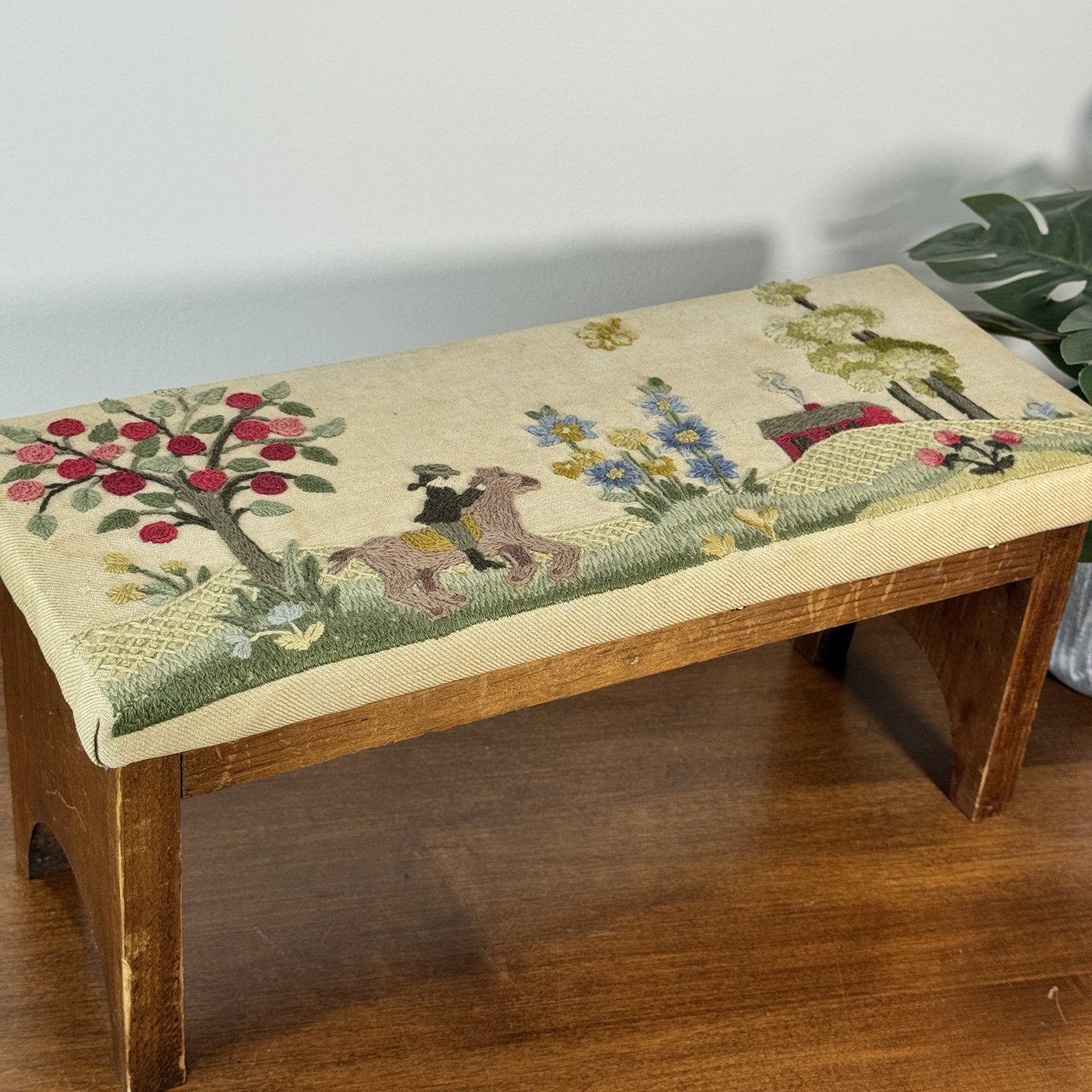 Vintage 1966 Handmade Needlepoint Embroidered Footstool Bench Mary J. Withey