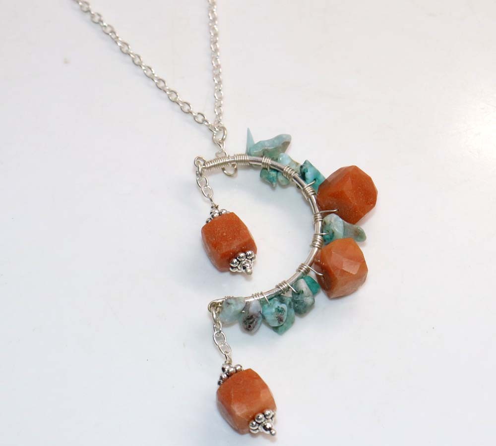 925 Silver Plated Beaded Orange Aventurine Larimar Necklace 19" JW