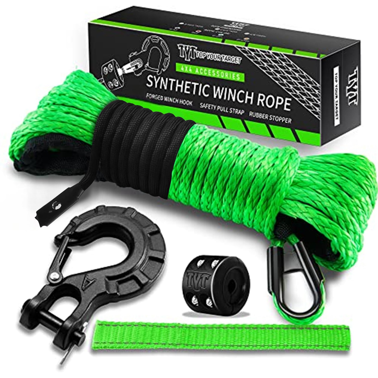 TYT Synthetic Winch Rope Kit - 1/4'' x 50' with 10000 lbs x 50', Green 