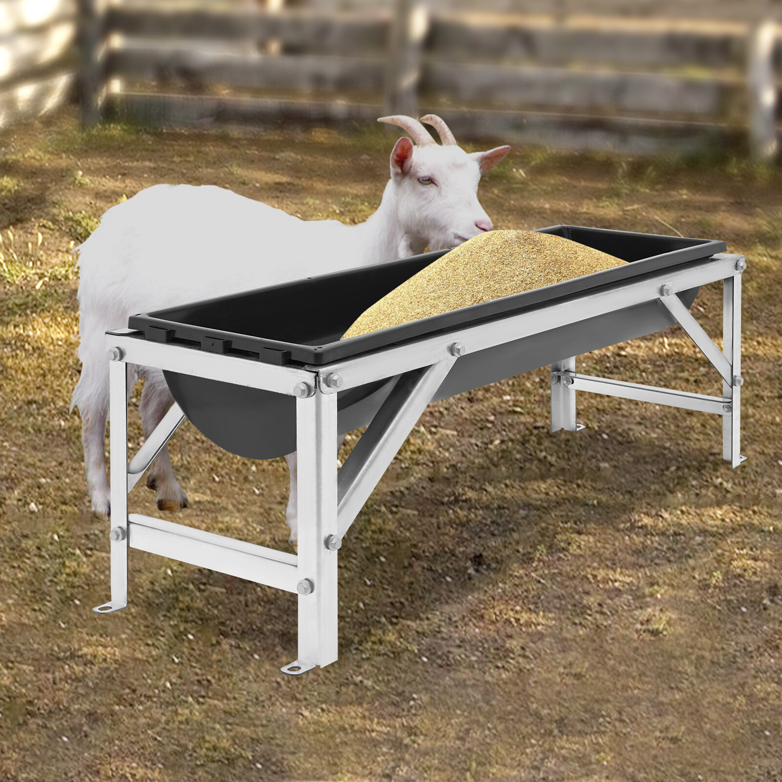 Livestock Feed Trough Long Large Capacity Feeder Feed Trough with Stand Silver