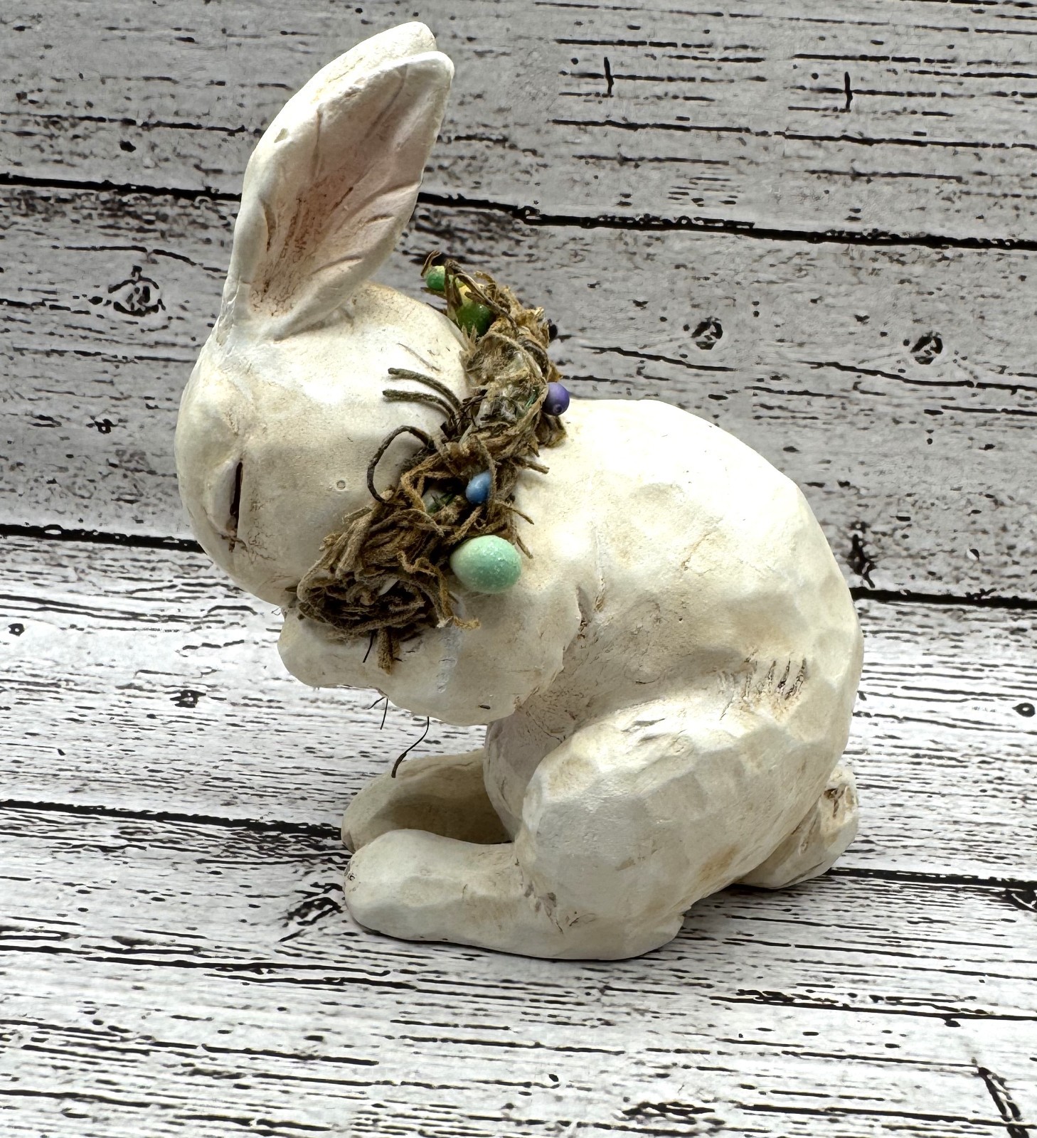 Sitting Sleeping Bunny Rabbit with Flowers Figurine- Spring Easter Farmhouse 5"T