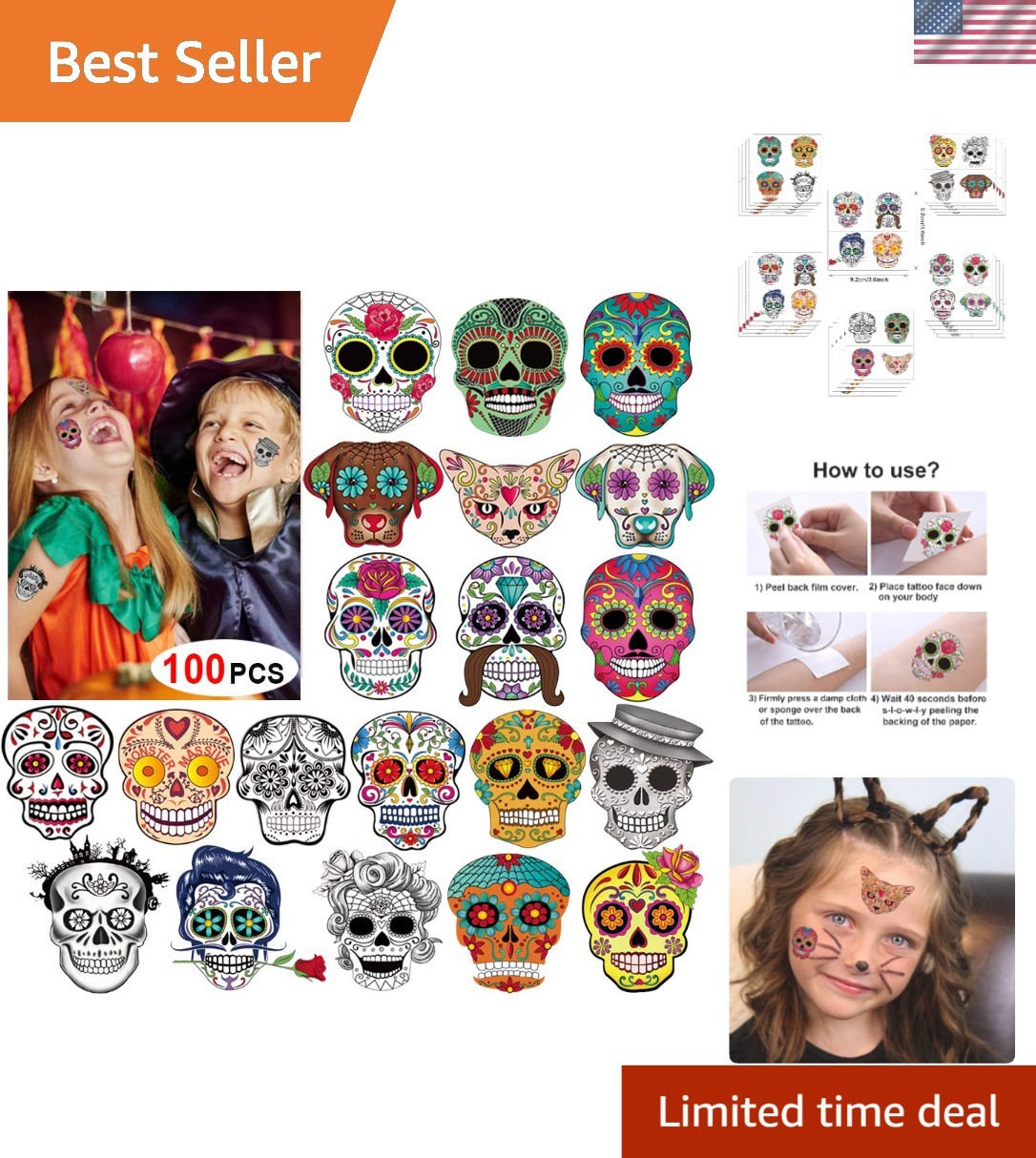 Creative Halloween 100-Piece Sugar Skull Temporary Tattoo Set for All Ages