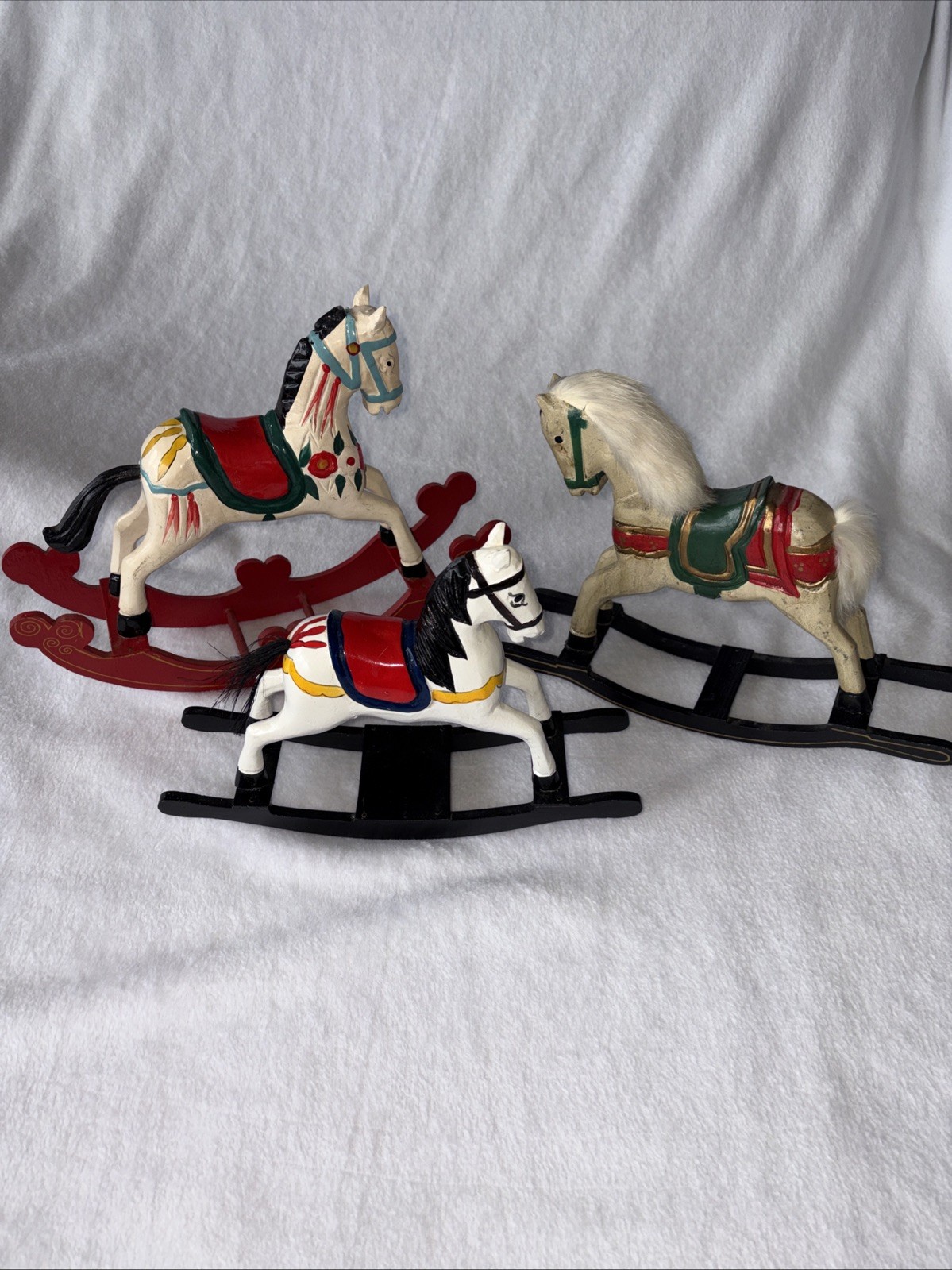 🎠 Lot of 3 Vintage Hand Painted Wooden Rocking Horse Toys Decorations Figurines