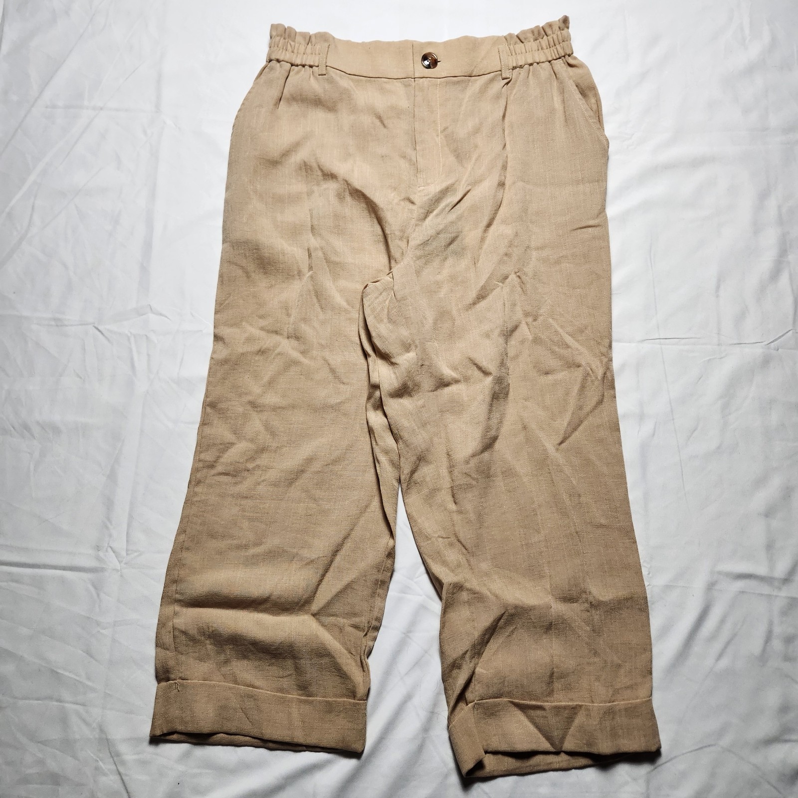 NWT Halara Womens Large High Waisted Zipper Pocket Cropped Linen-Feel Pants Tan