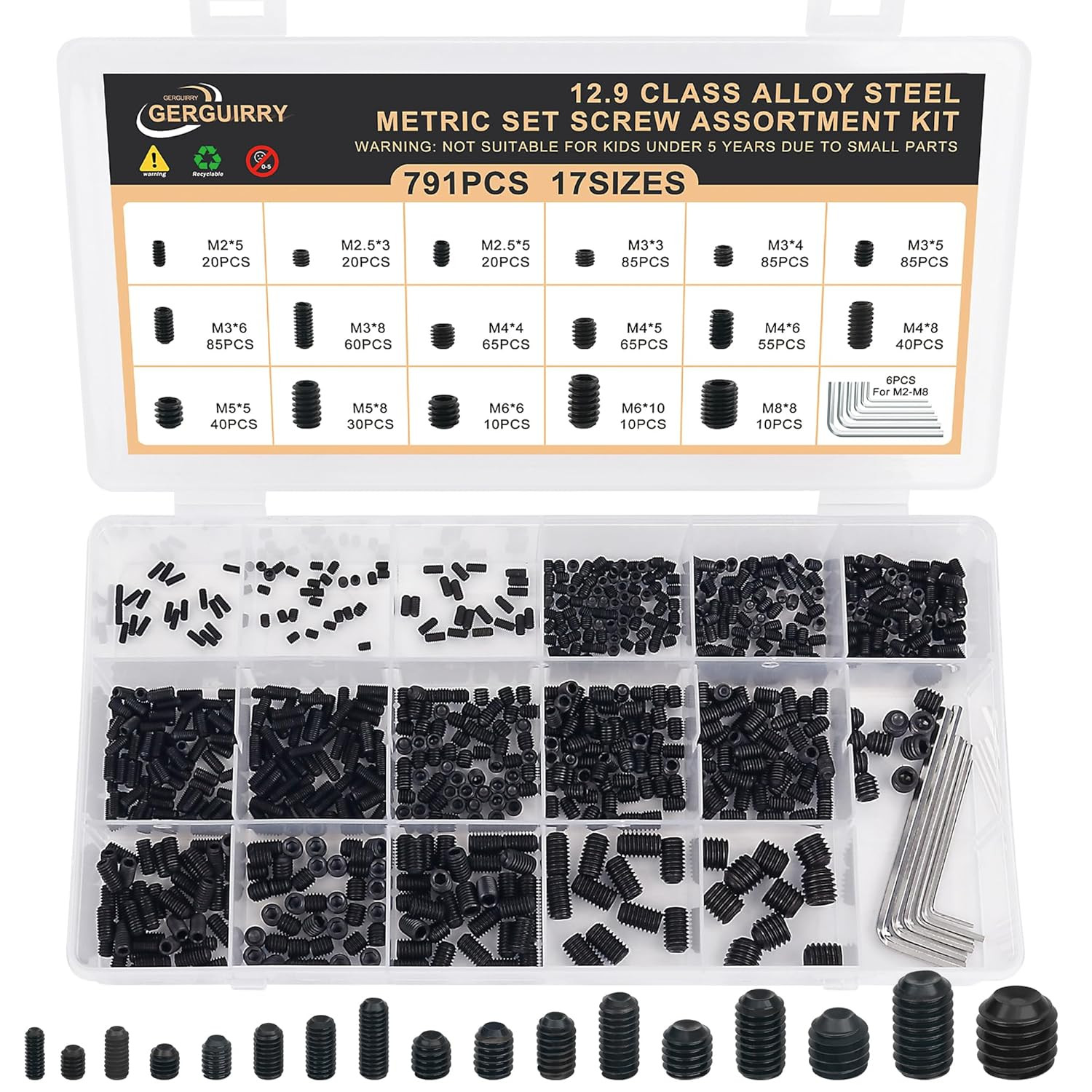 791PCS Set Screws, 17Sizes Metric Set Screw Assortment Kit, M2/2.5/3/4/5/6/8 12.