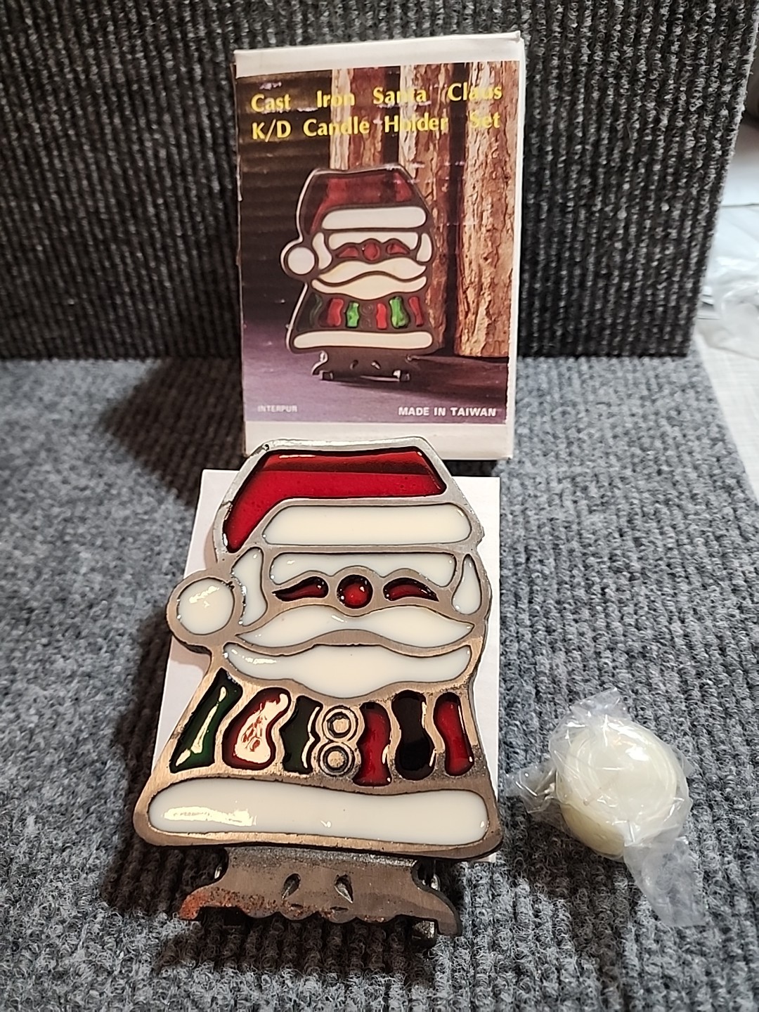 Vintage Stained Glass Cast Iron Santa Claus Christmas Tea Light Holder MCM NOS