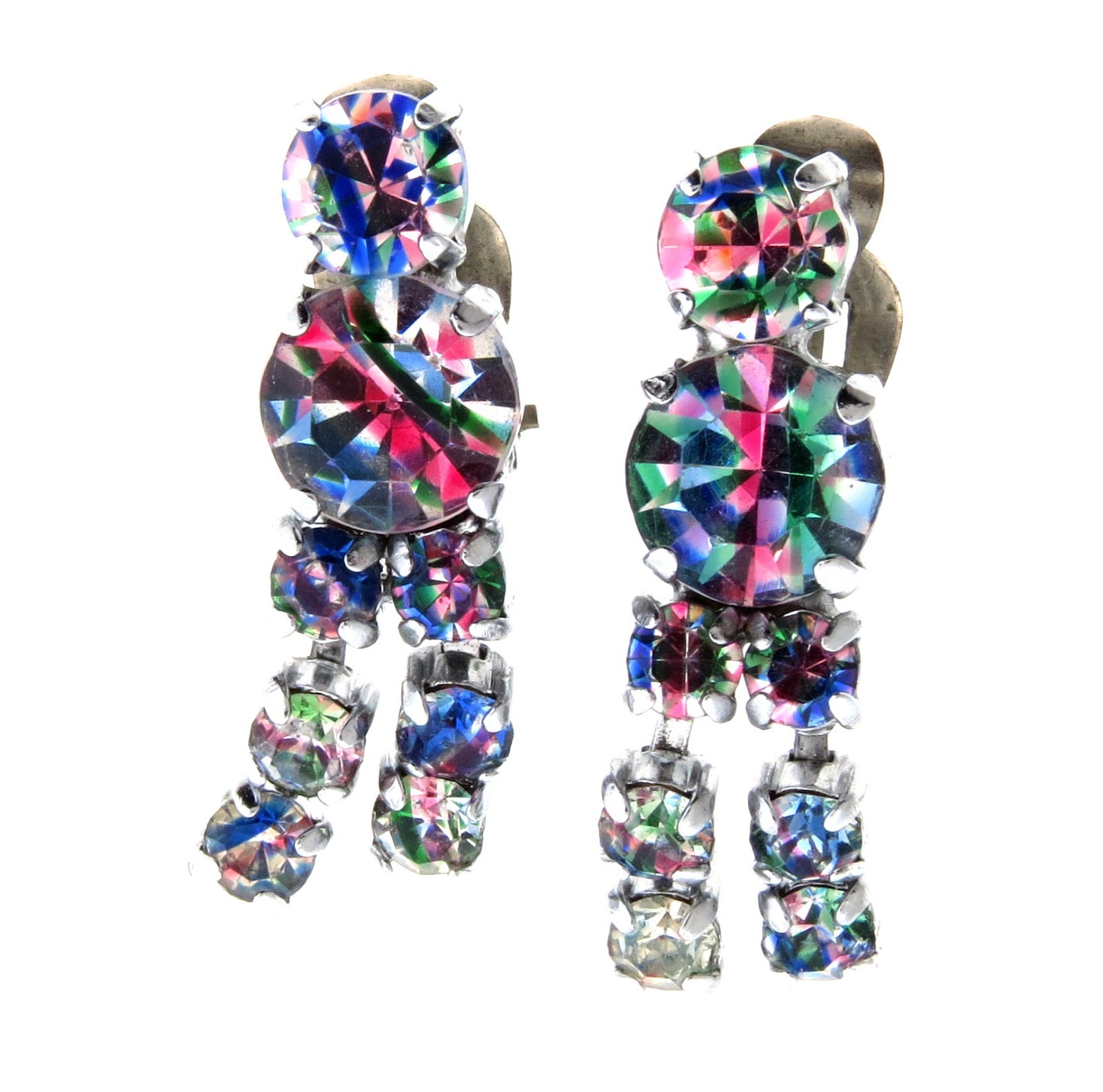 Vintage Clip On Earrings Multi-color Crystal Rhinestone 1 inch