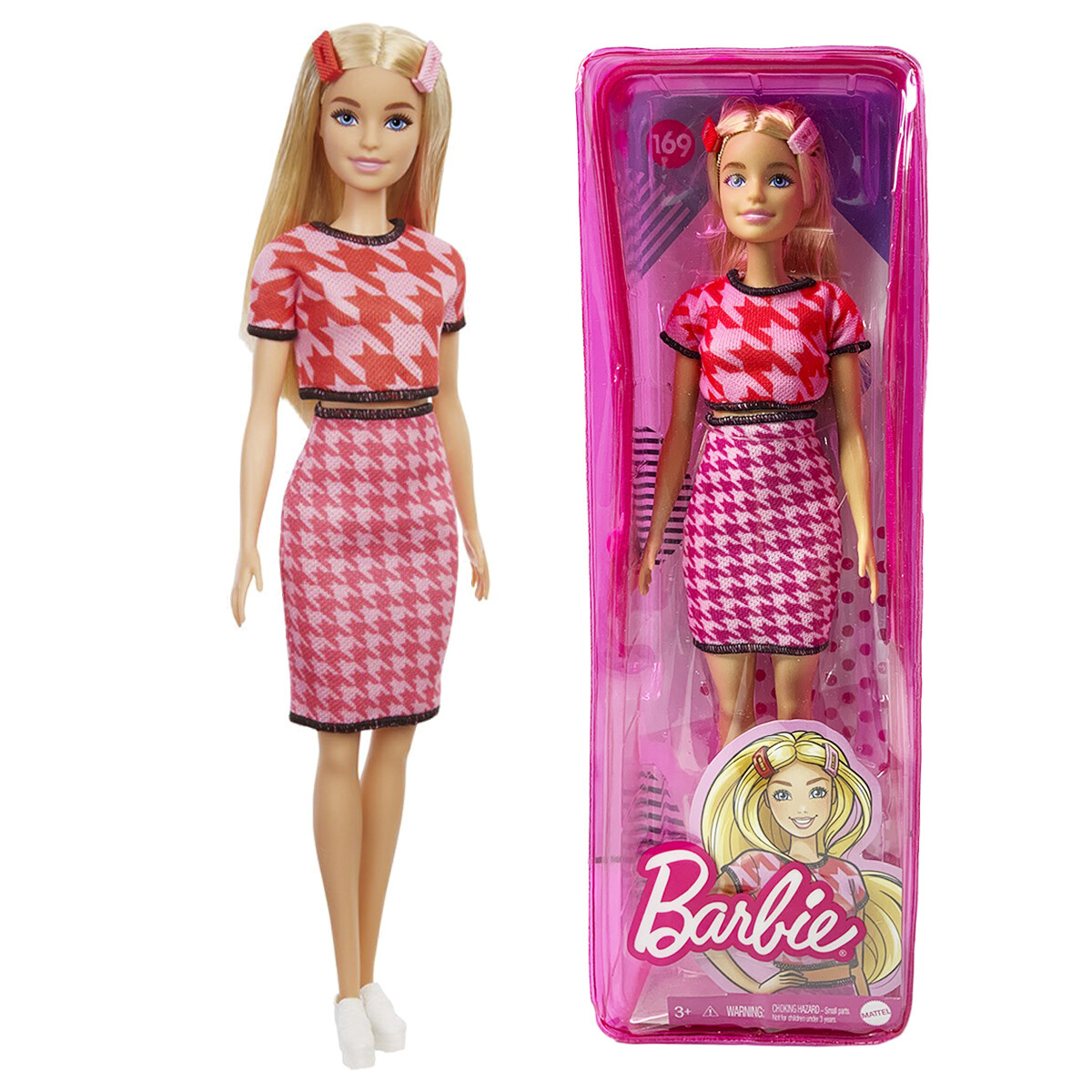 NEW BARBIE MATTEL FASHIONISTAS #169 PINK HOUNDSTOOTH TOP & SKIRT POP DOLL 12"