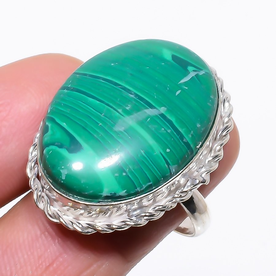 Natural Malachite Gemstone 925 Sterling Silver Ring Size 8.5 B670