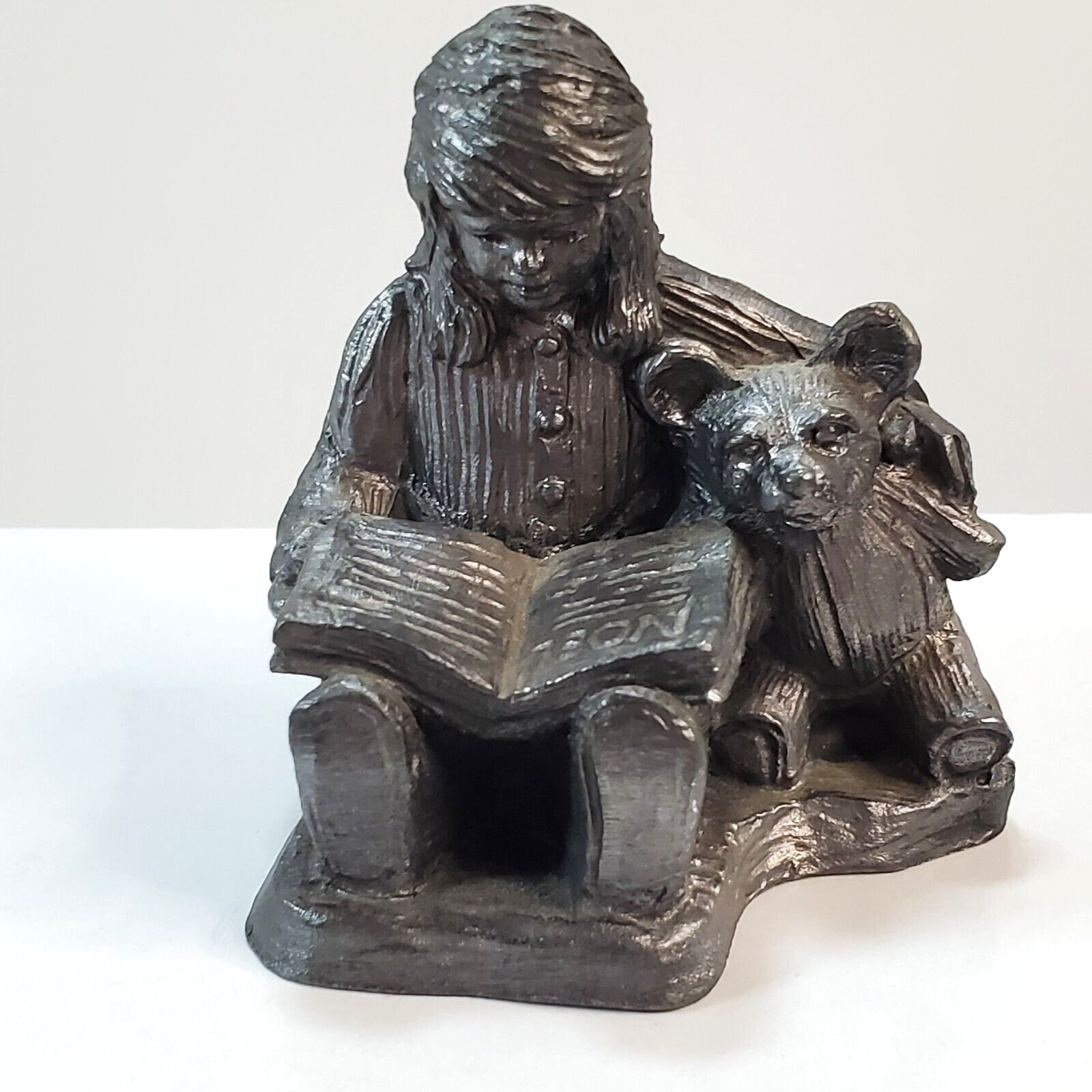 Vtg 1991Michael Ricker Bartlett Signed Pewter Figurine Girl Reading Book Bear