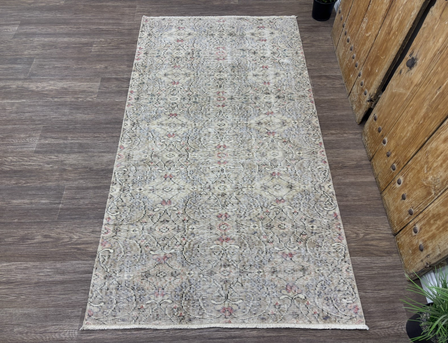 4x7 Beige Gray Vintage Turkish Area Rug, Hand-Knotted Wool Boho Living Room Rug