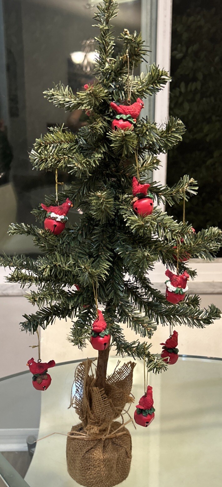 2’ Green artificial christmas tree With Red Cardinal Bird Bell Ornaments