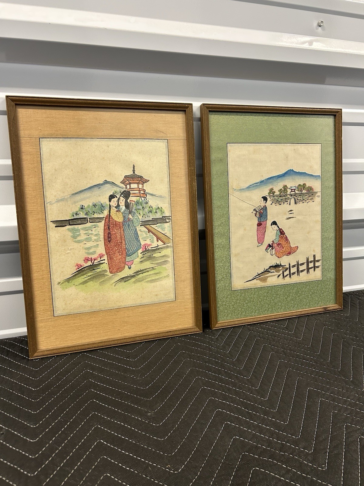 Pair Of Vintage Asian Hand Embroidered Framed Silk Art Panels