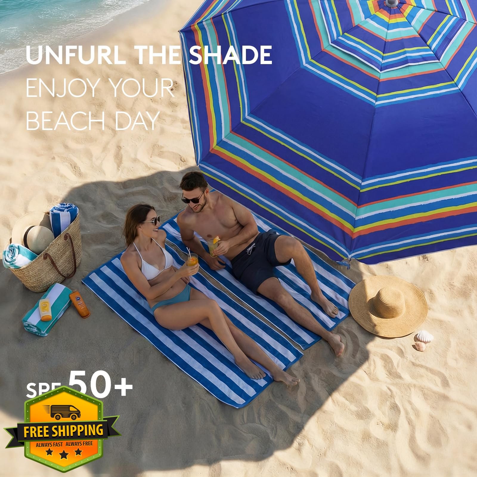 PASAMIC 7ft Beach Umbrella, Table, Sand Anchor, UPF 50+ Dark Blue Stripe