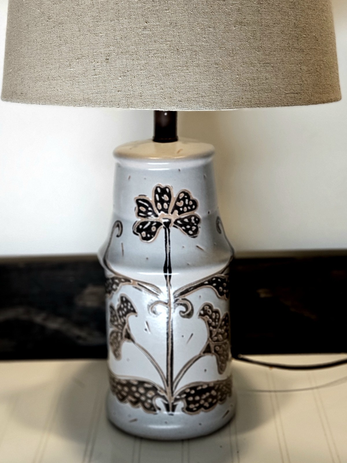 Vintage 1970s Studio Pottery Lamp Sgraffito Floral Folk Art Scandinavian...