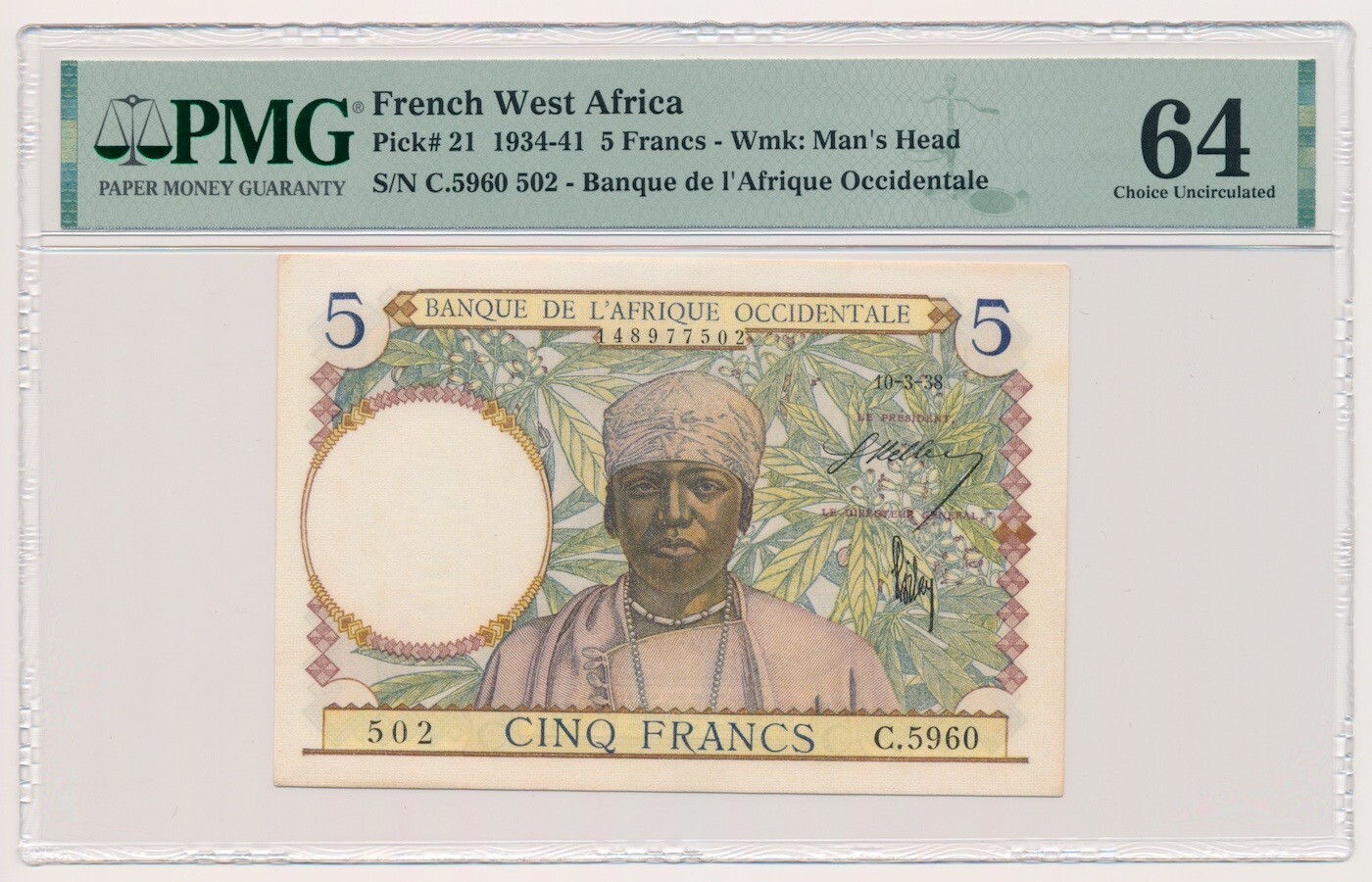FRENCH WEST AFRICA banknote 5 Francs 10.3.1938. PMG MS 64