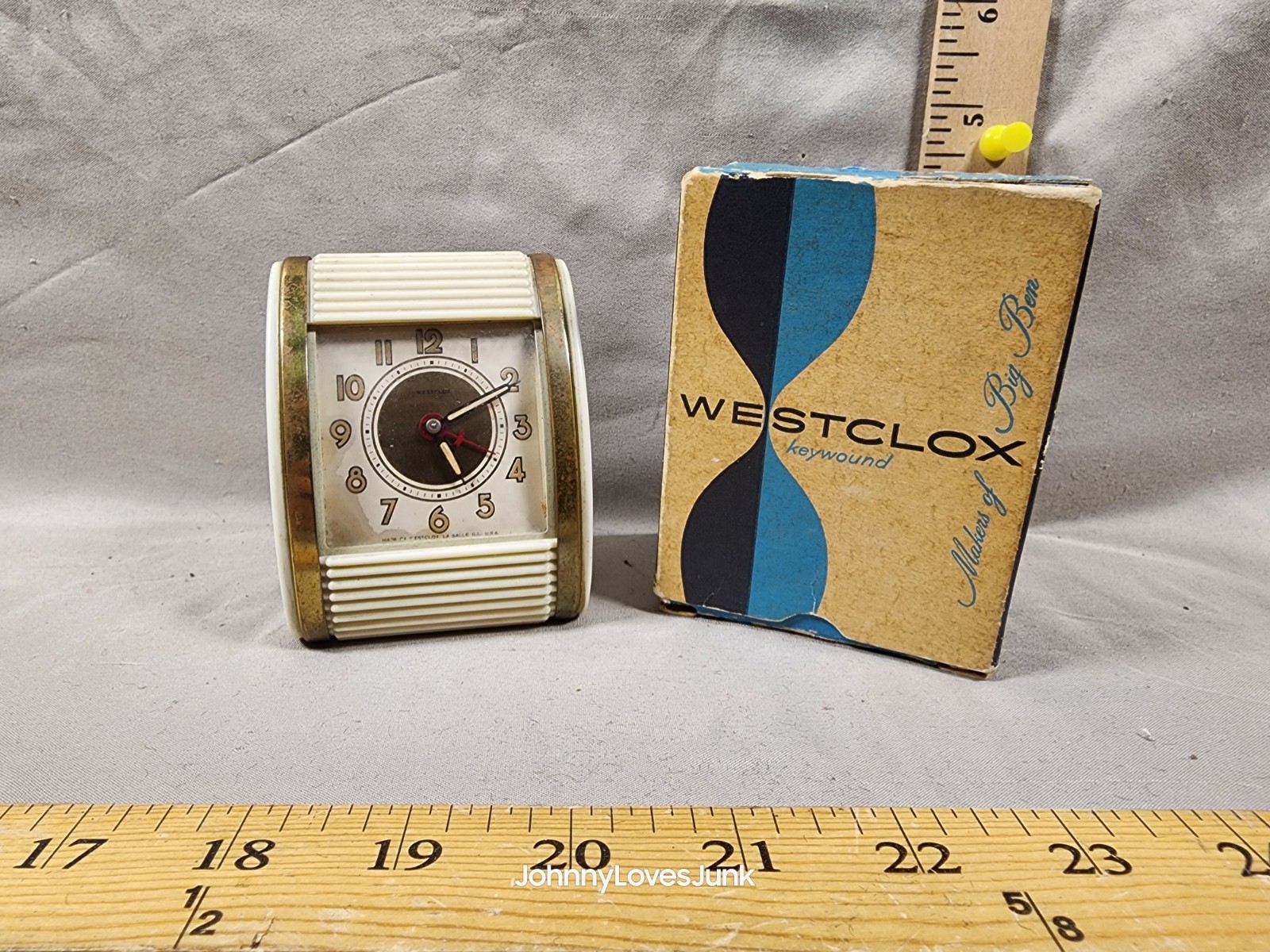 Vinathe Westclox Mid Century Key Wind Travel Clock OG Box Winds Runs 