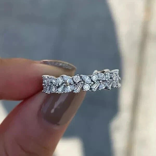 925 Silver Half Eternity Engagement Ring Simulated Diamond 14K White Gold Plated