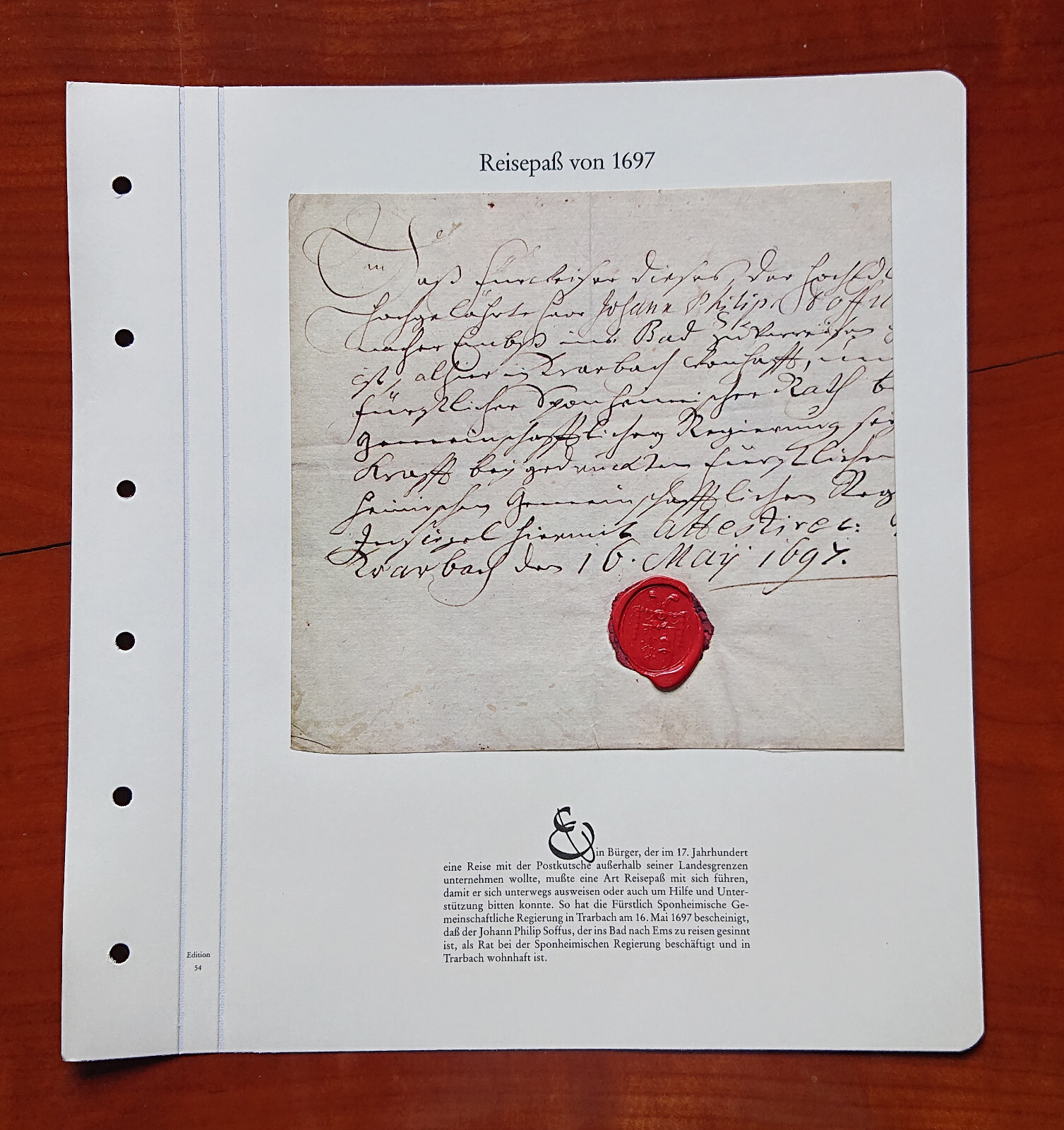 Vordruckblatt Passport By 1697 Reprint Travel With Stagecoach Trarbach Soffus