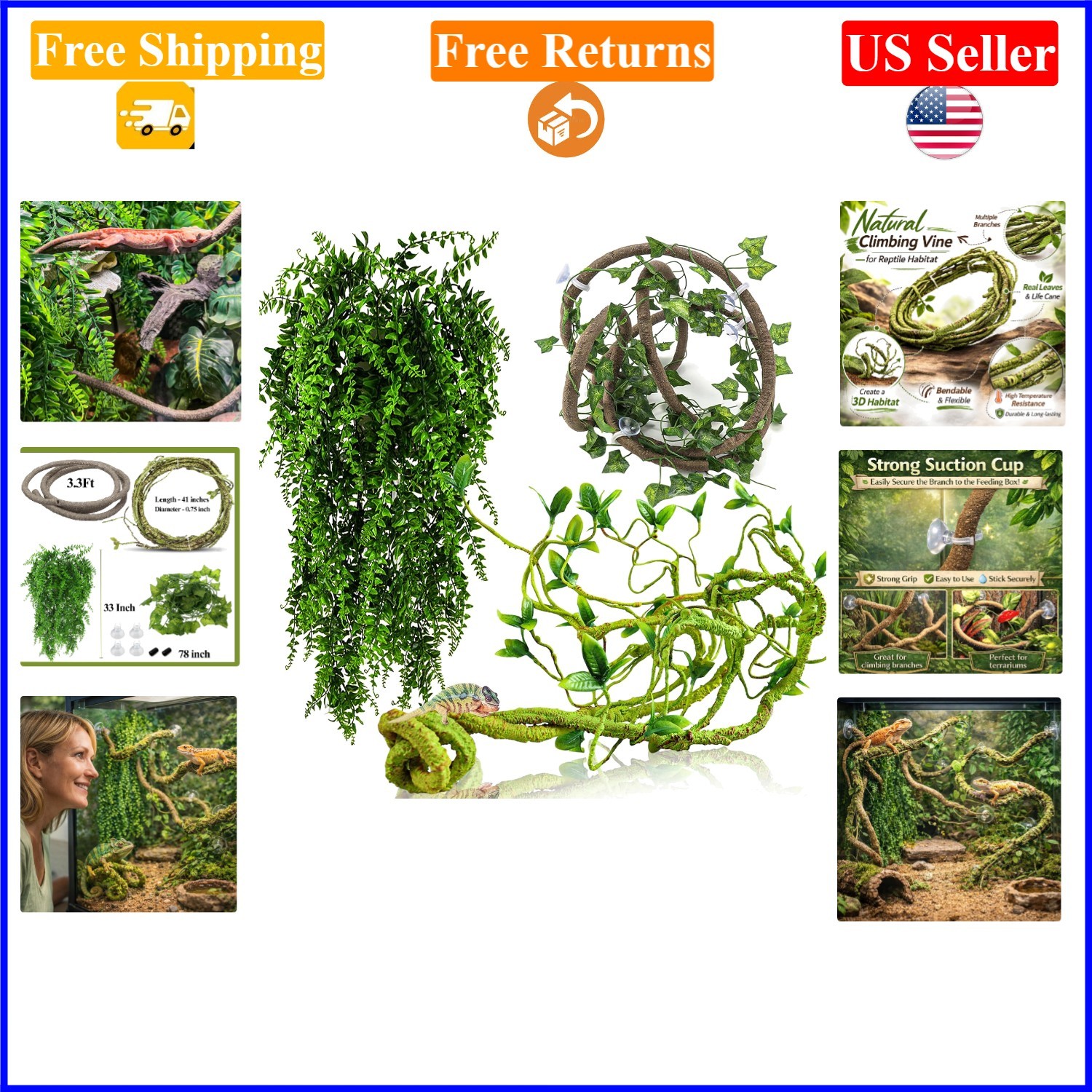 Artificial Reptile Vines for Terrarium, 4-Pack, Green & Brown, Flexible, Wate...