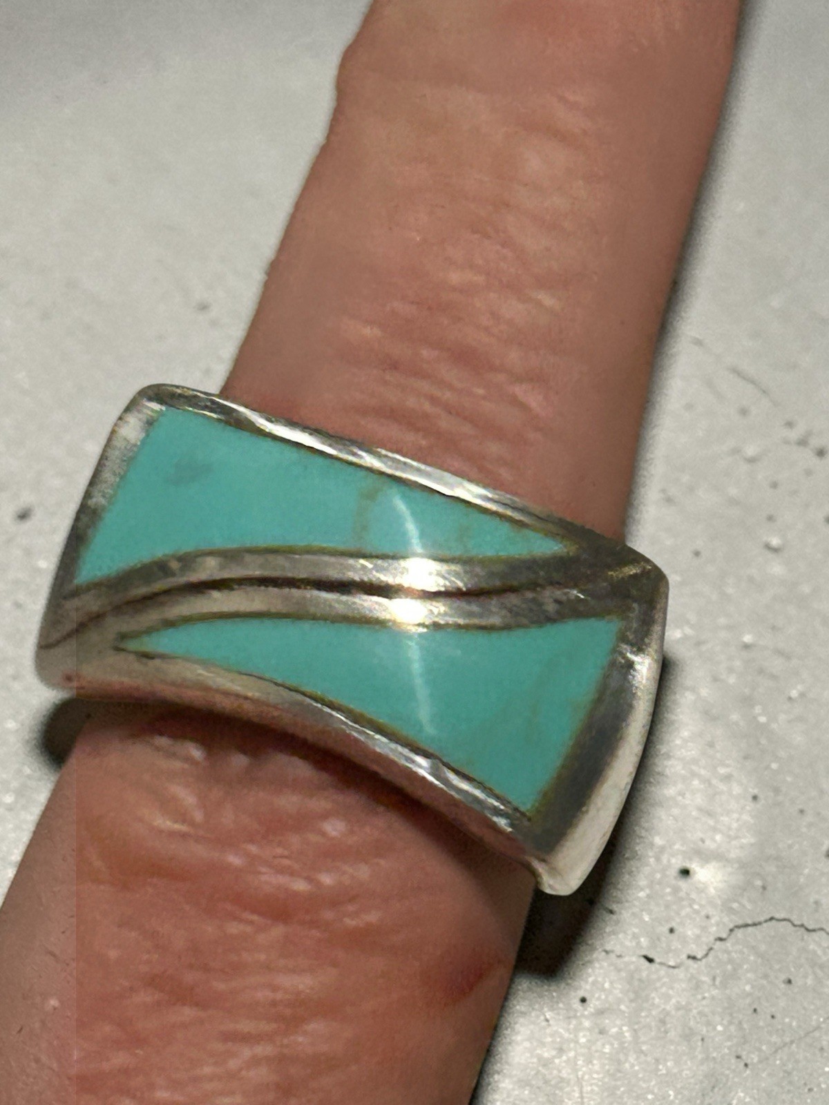Vintage Sterling Silver Turquoise Inlay Ring Size 8 Modernist Southwest 925 AT