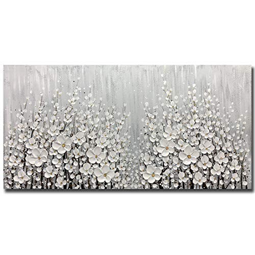 V-inspire Art, 30x60 Inch Hand Painted 3D White Flowers Wall 60"L x 30"W Grey