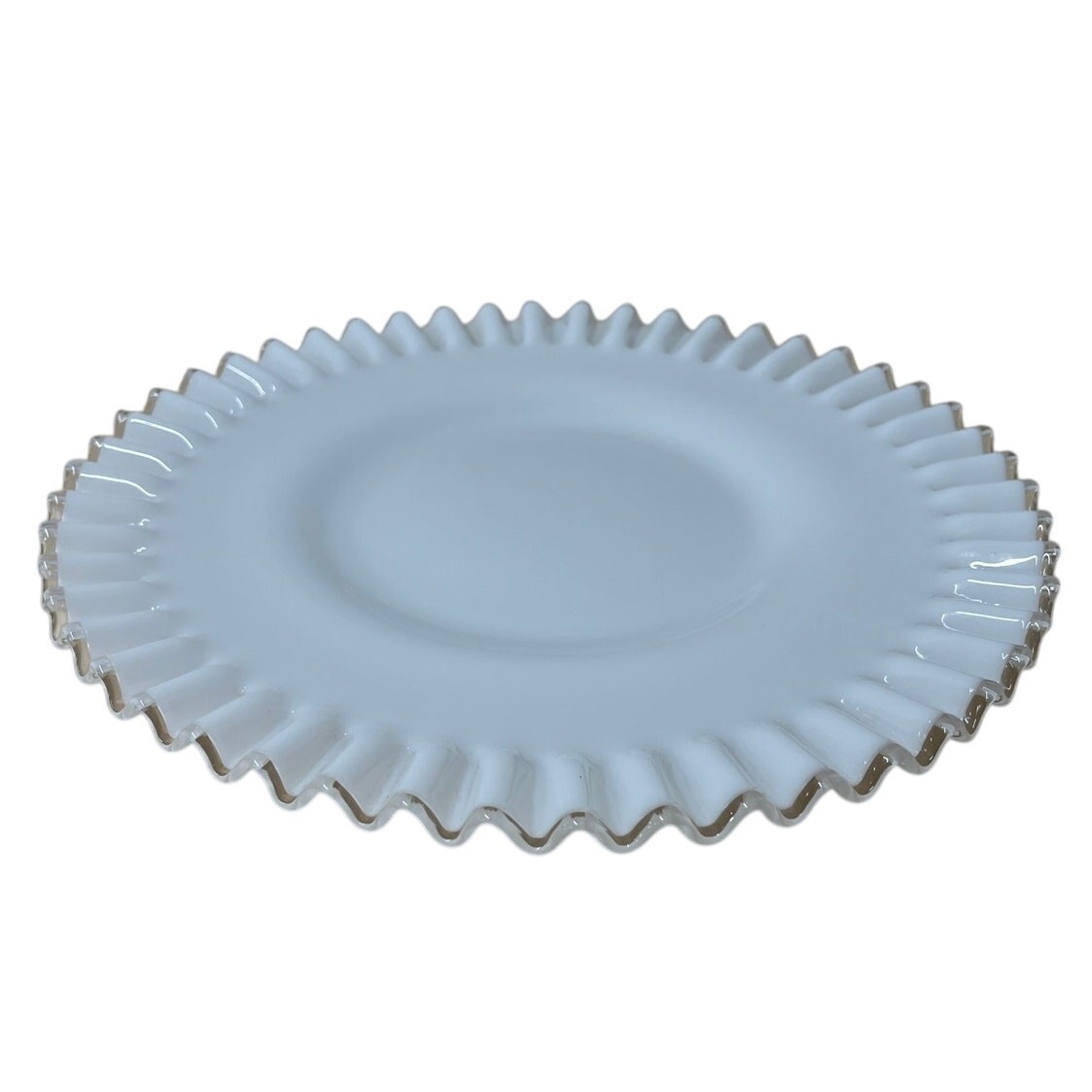 White Milk Glass Ruffled Plate w/ Clear Rim