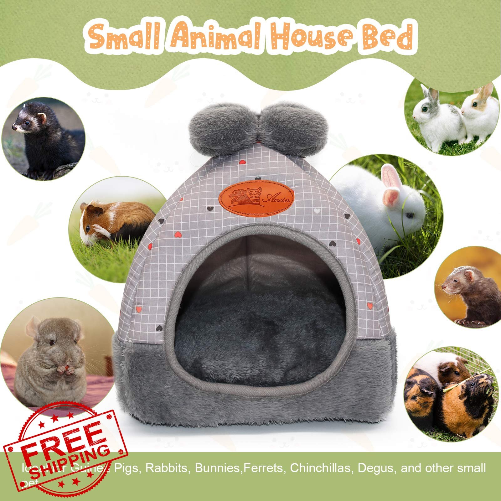 YUEPET Grey Grid Bunny Guinea Pig Hamster Hideout Bed Warm Cave