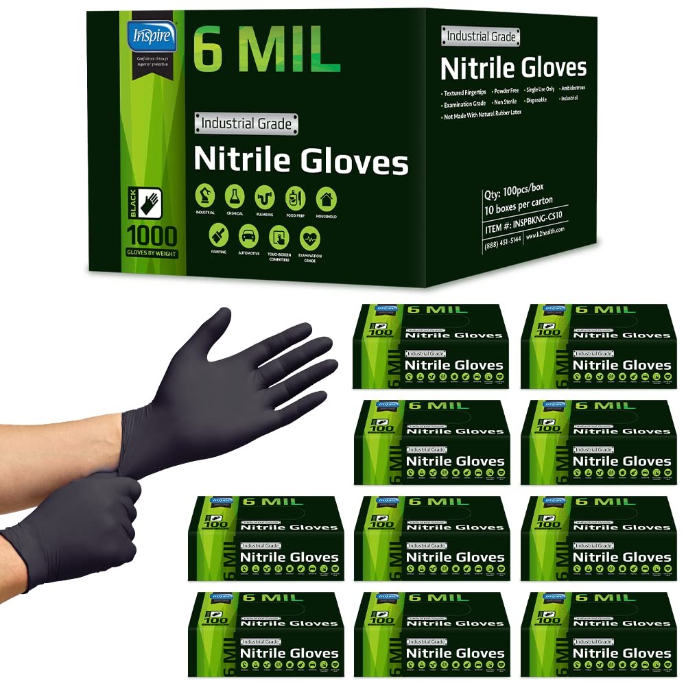 Nitrile Gloves Heavy Duty 6Mil Black Disposable Latex Inspire ORIGINAL Quality