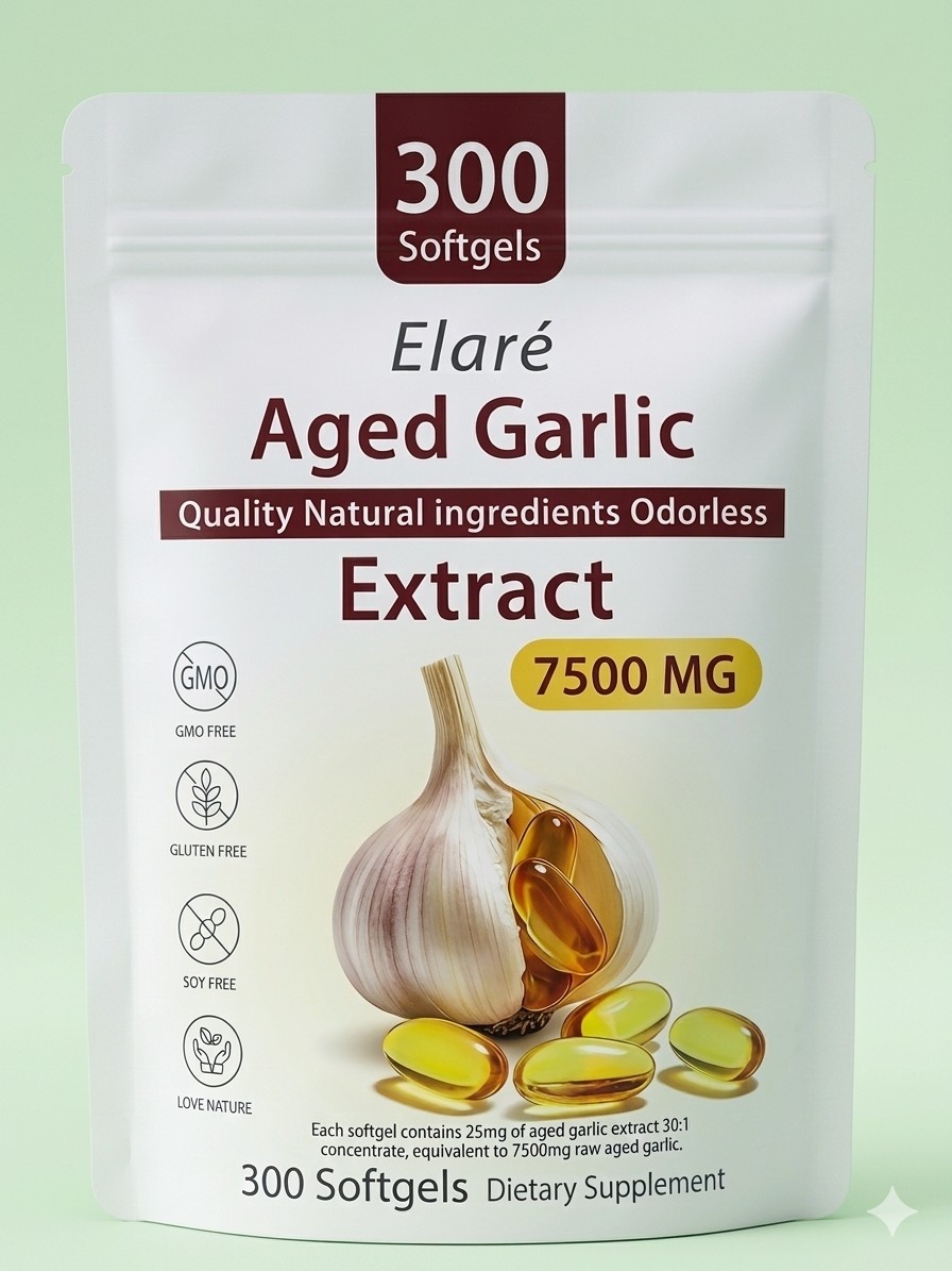 Elaré Aged Garlic Extract Odorless GMO Free Gluten Free 300 Softgels 7500mg