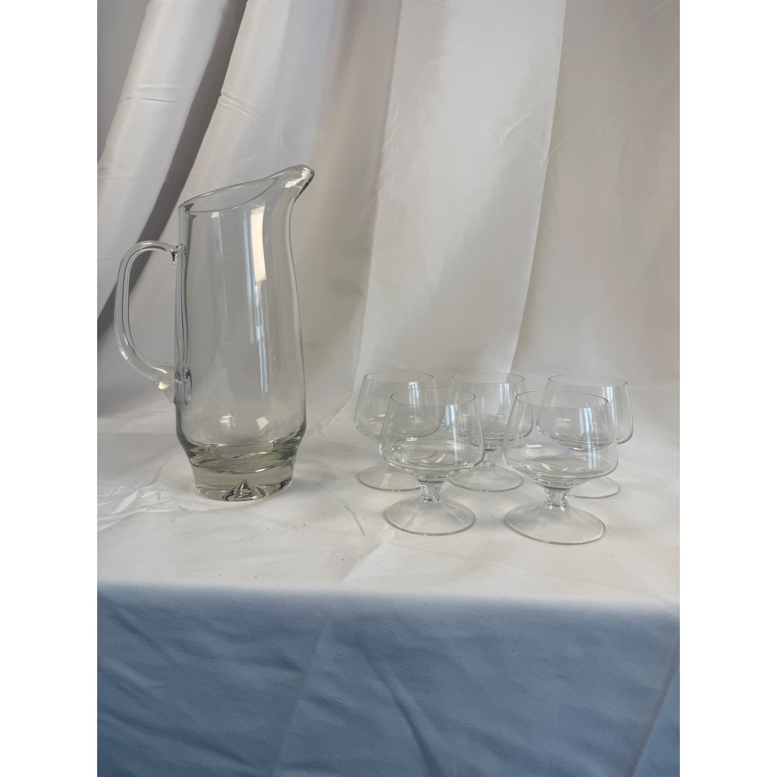 Vintage MCM Style Clear Glass Pitcher & 5 Low-Stem Snifter Glasses Set