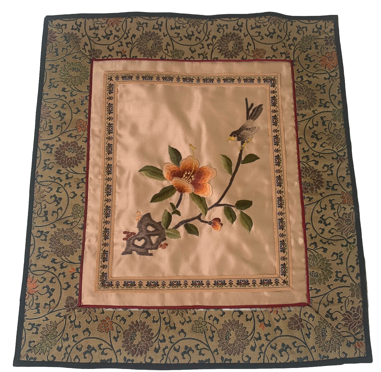 Single Vintage Flower Bird Asian Chinese Japanese Silk Embroidery Tapestry Panel