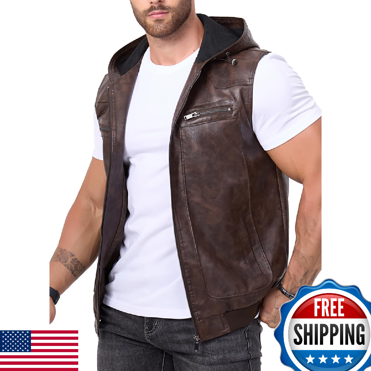 FANARCHER Men's Vintage Faux Leather Vest Jacket – Zip-Up Hipster Biker