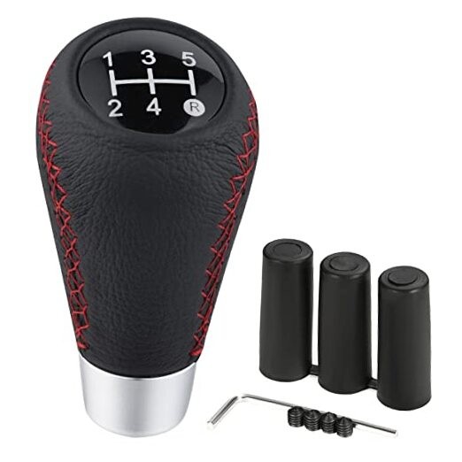  Shifter Knobs 5 Speed Car Gear Stick Leather Shifter Black with red stitching