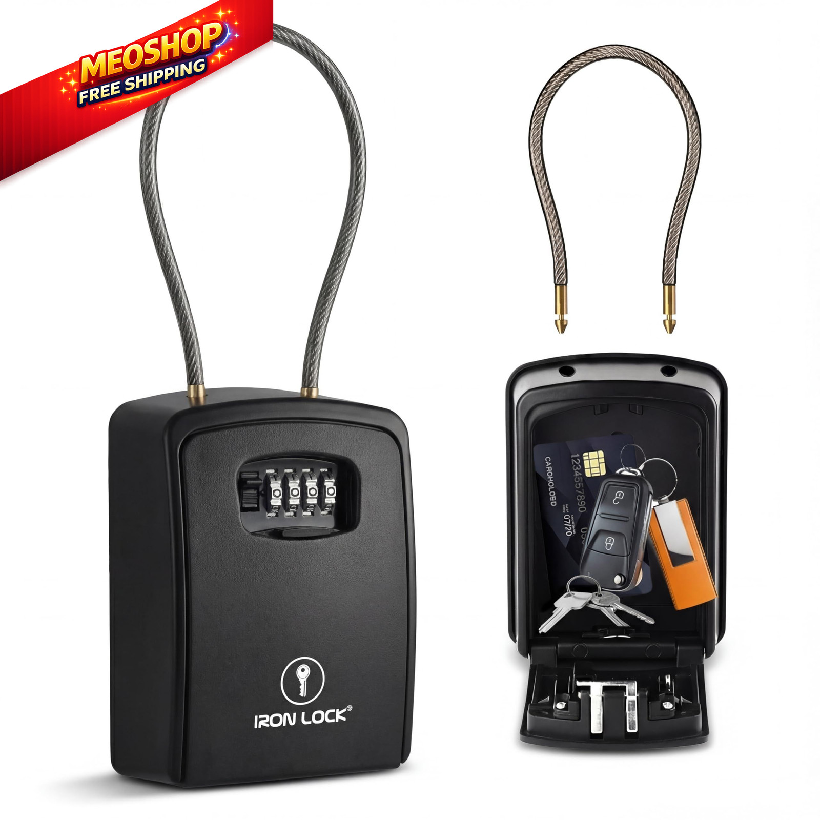 Iron Lock® Key Lock Box Portable with Cable Shackle & Wall 2X-Large, Black 