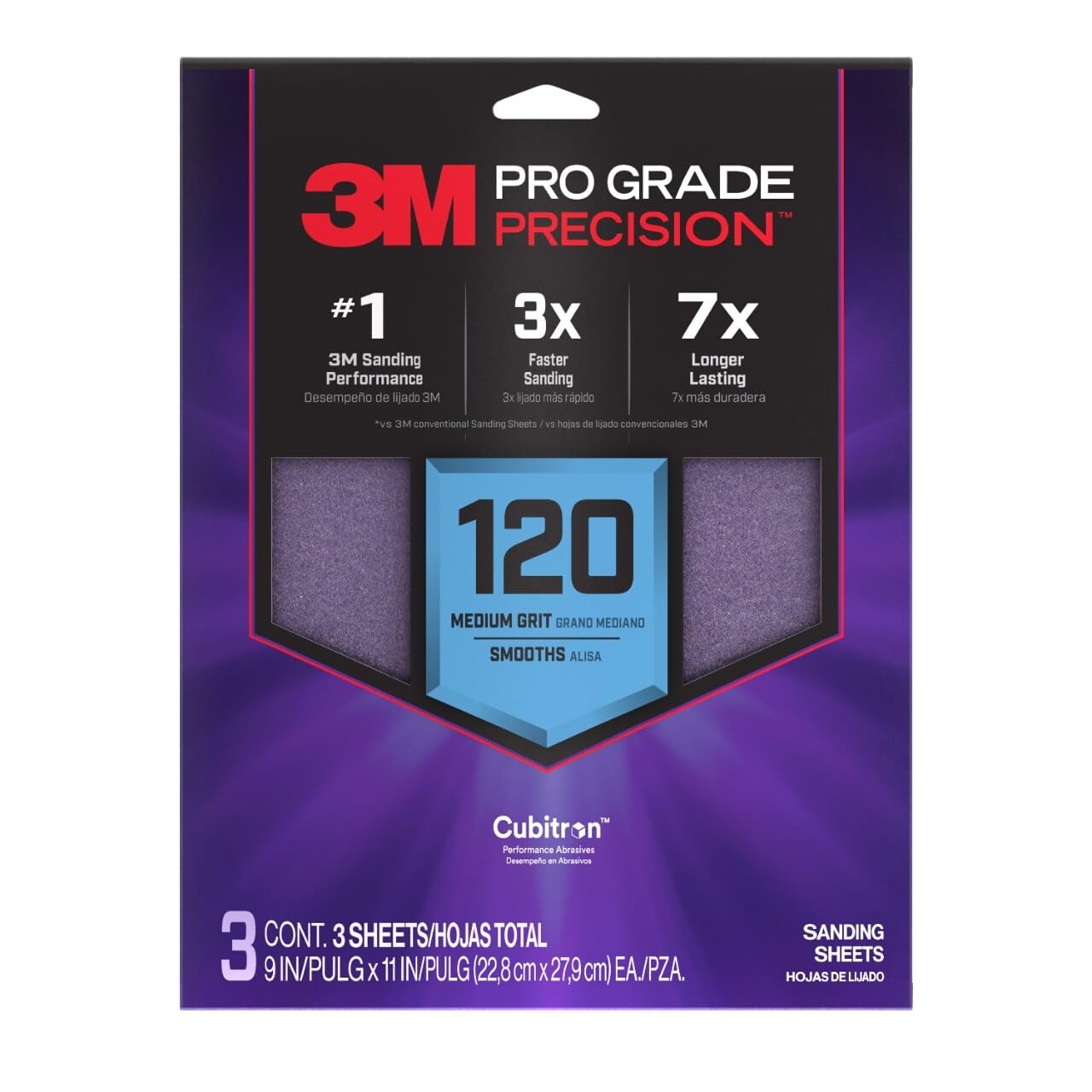 3M SHR120-PGP-3T Pro Grade Precision Faster Sanding 120-Grit Medium 9" x 11" 3Pk