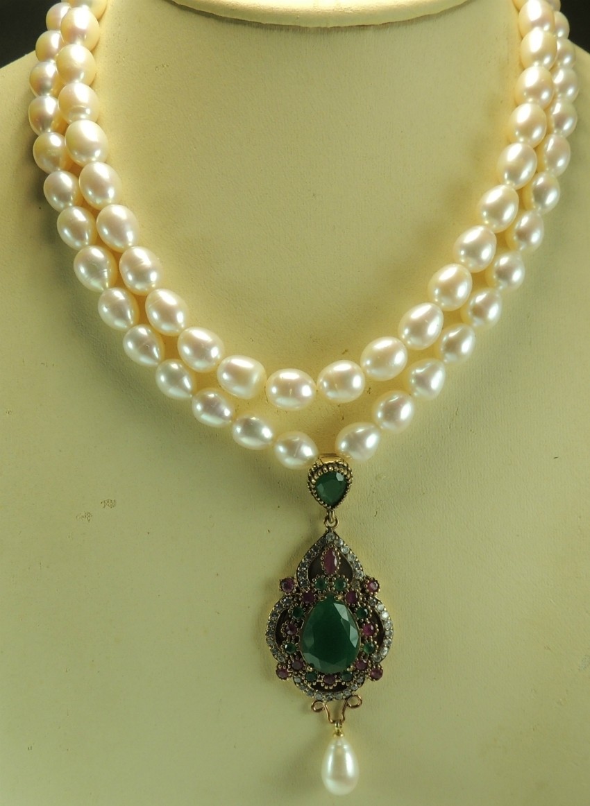 Statement 2 Strand Pearl Necklace  Simulated Emerald Rubies Handcrafted Wedding
