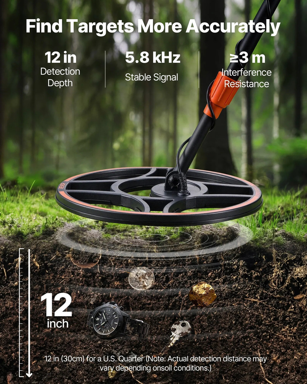 Metal Detector for Adults, 12", Professional High Accuracy Gold Detector, IP68 W