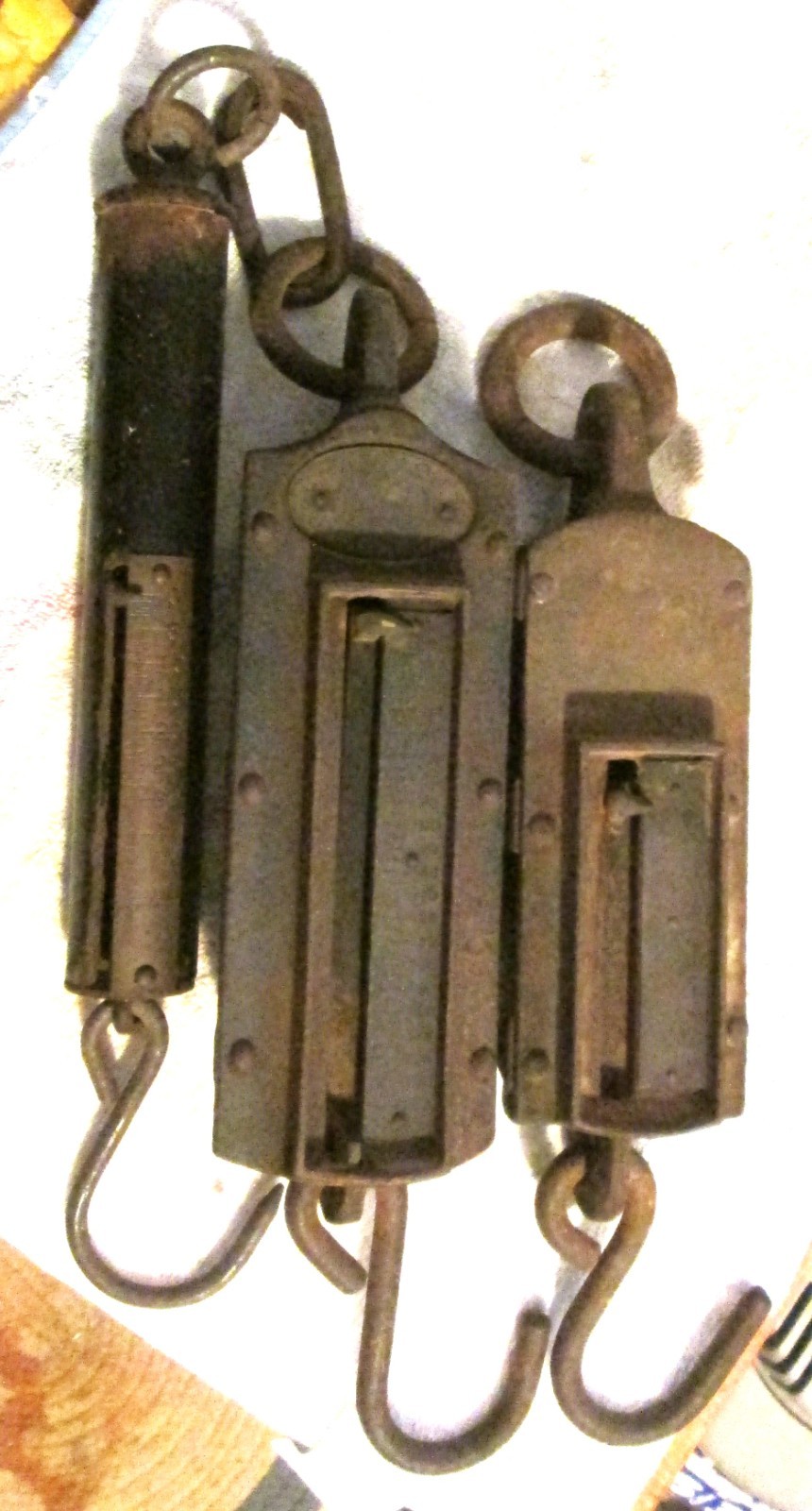 Antique Hanging Spring Balance Scales, Lot of three, 50,200,400lbs