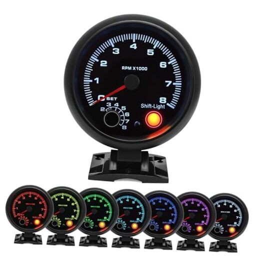  3.75" 95mm Tachometer 0-8000 Large RPM Gauge 7 Color Car AUTO Tacho Black