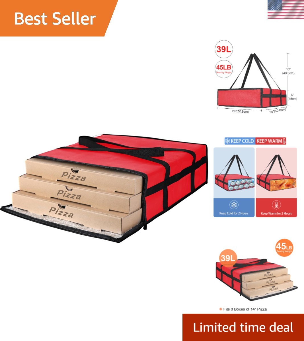 Insulated Pizza Delivery Bag for Carry Hot, 20" x 20" x 6" Carrier Warmer, In...