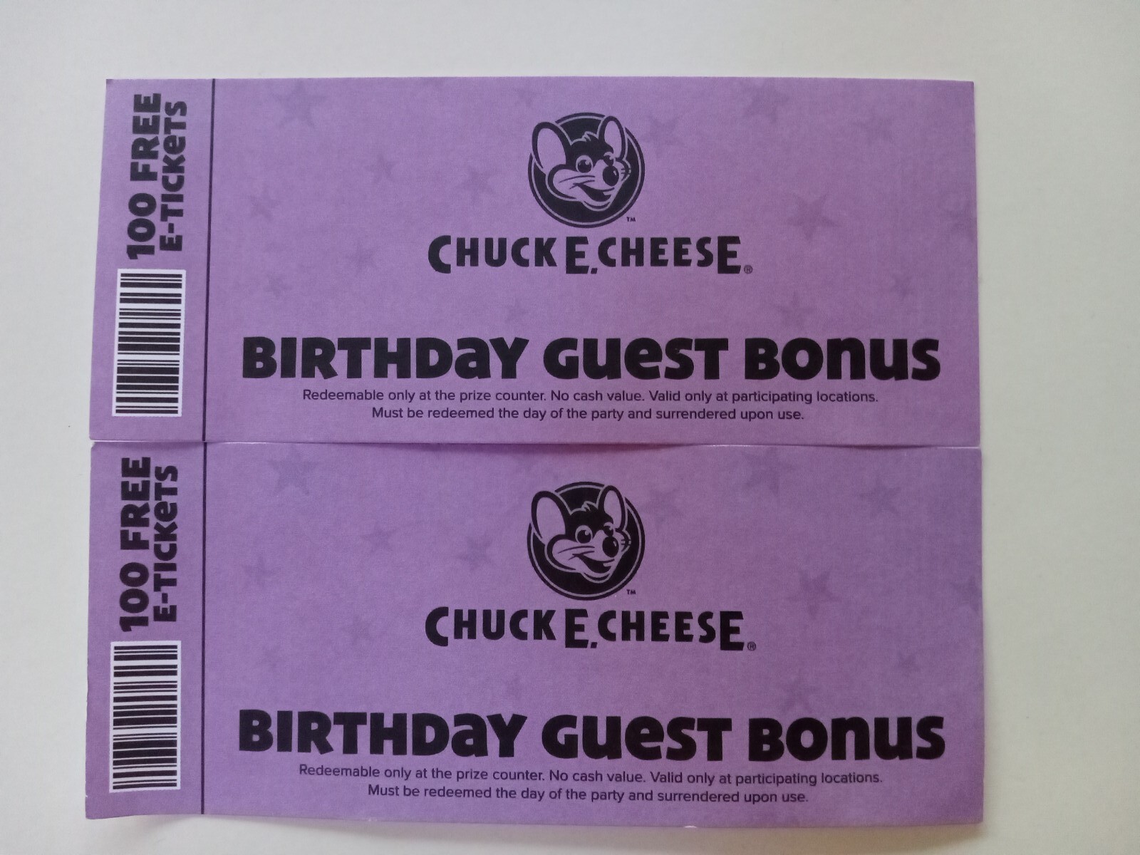 Chuck E Cheese's BIRTHDAY GUEST BONUS COLLECTOR MONEY 100 E-TICKETS COLLECTORS!