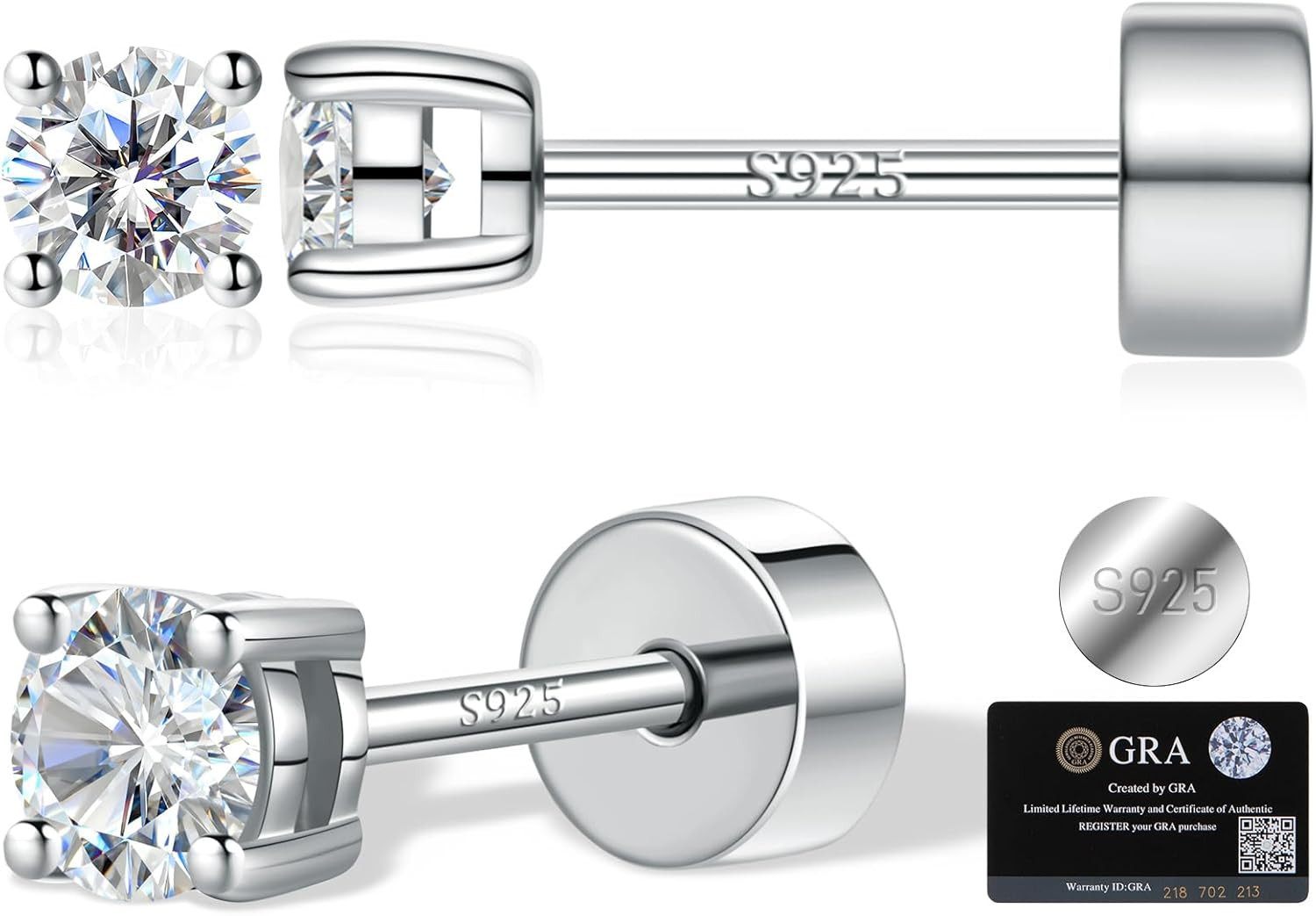 Moissanite Stud Earrings for Women, Hypoallergenic White Gold/14K Gold Plated 92