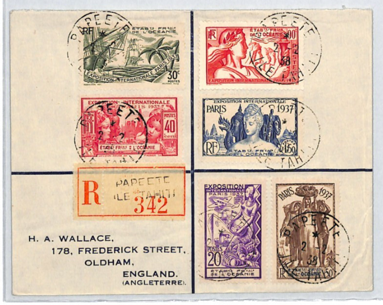 FRENCH POLYNESIA Papeete Reg 1938 Cover PARIS EXPO Set (1937) France Cols RF157