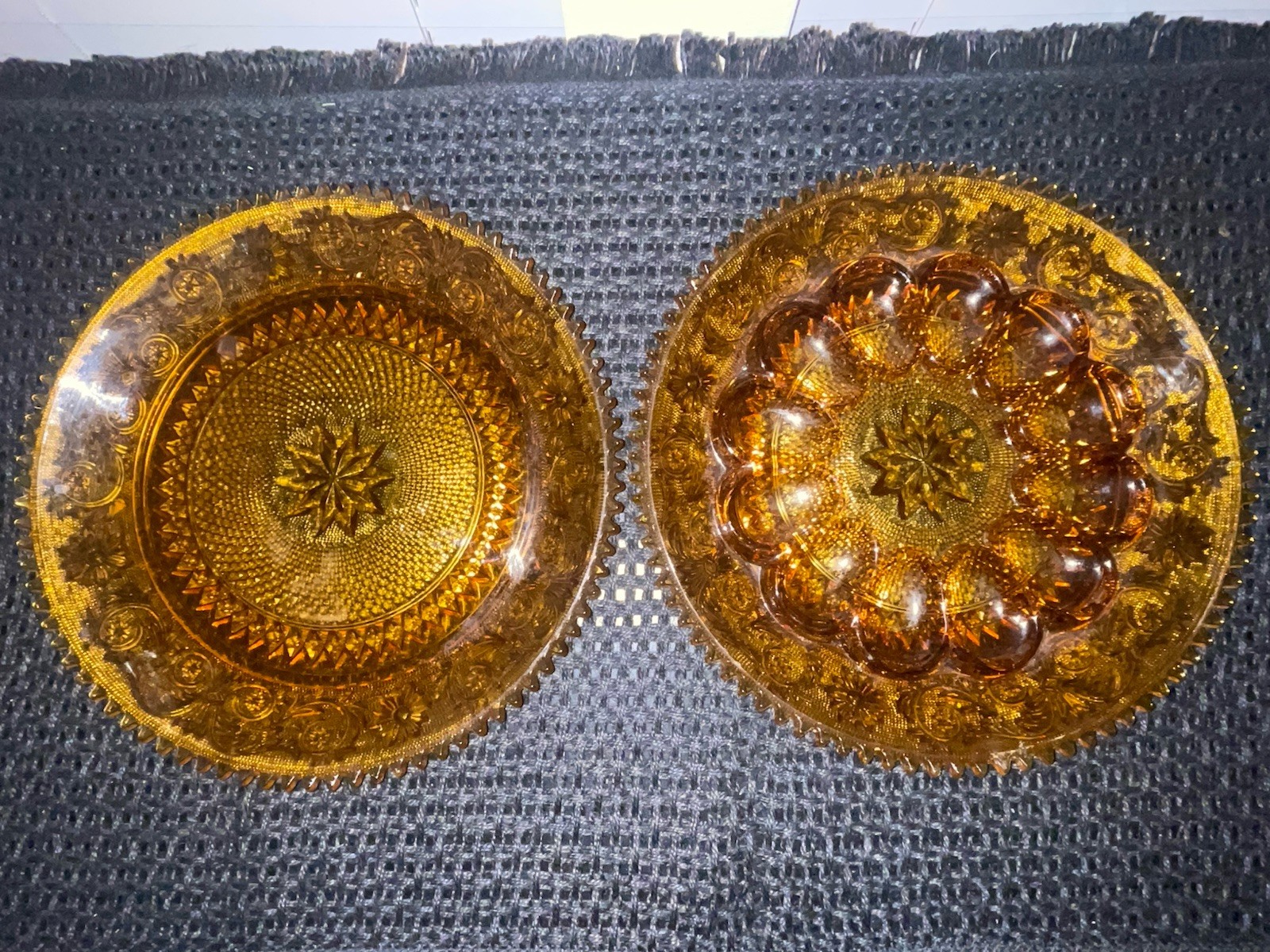 Vintage Tiara Indiana Glass Amber Deviled Egg Platter & Sandwich Platter Bundle