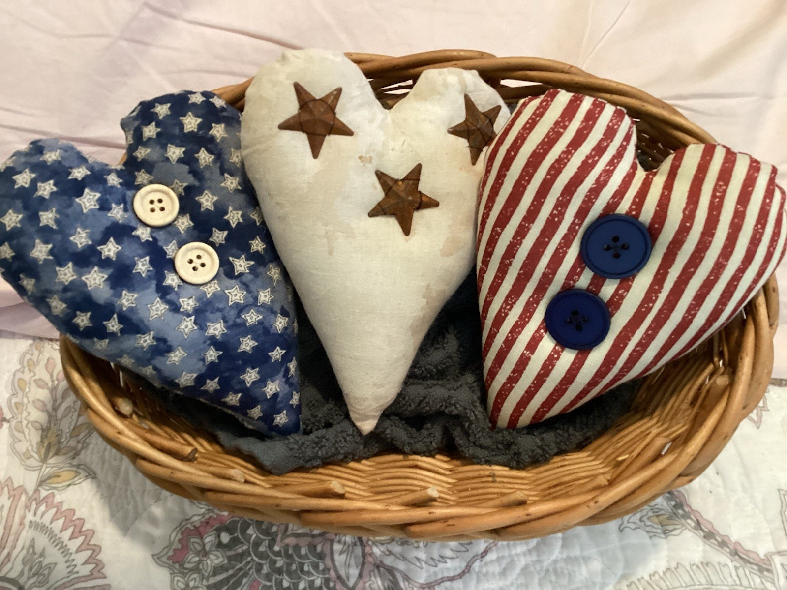 Primitive Patriotic/Americana Folk art Stuffed Hearts. 6 X 4.4” Hearts. 