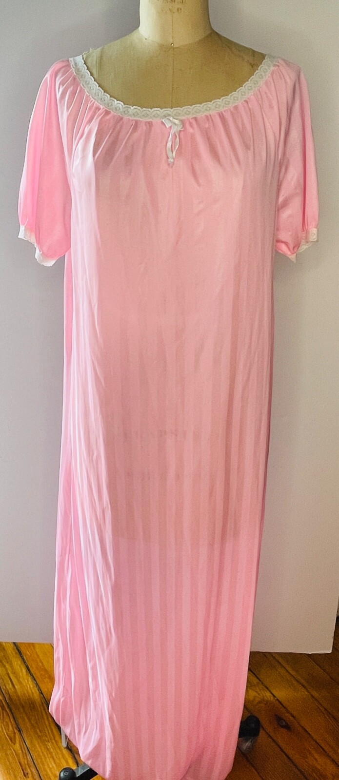 VTG 70'S PINK&WHITE LACE TRIM PUFF SLEEVE STRIPED FULL NYLON NIGHTGOWN PJ*M/L